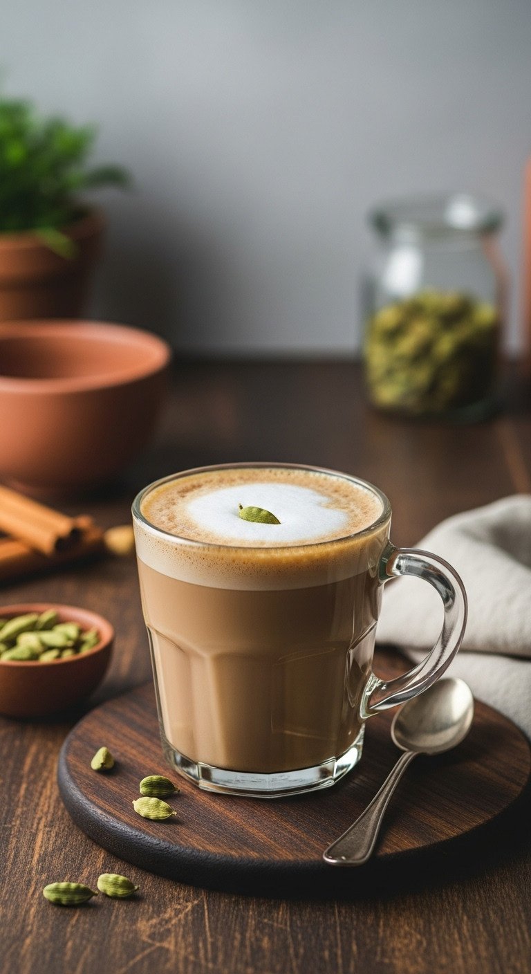 Aromatic Cardamom Latte with a green cardamom pod on foam on a dark wooden surface with a cozy kitchen background