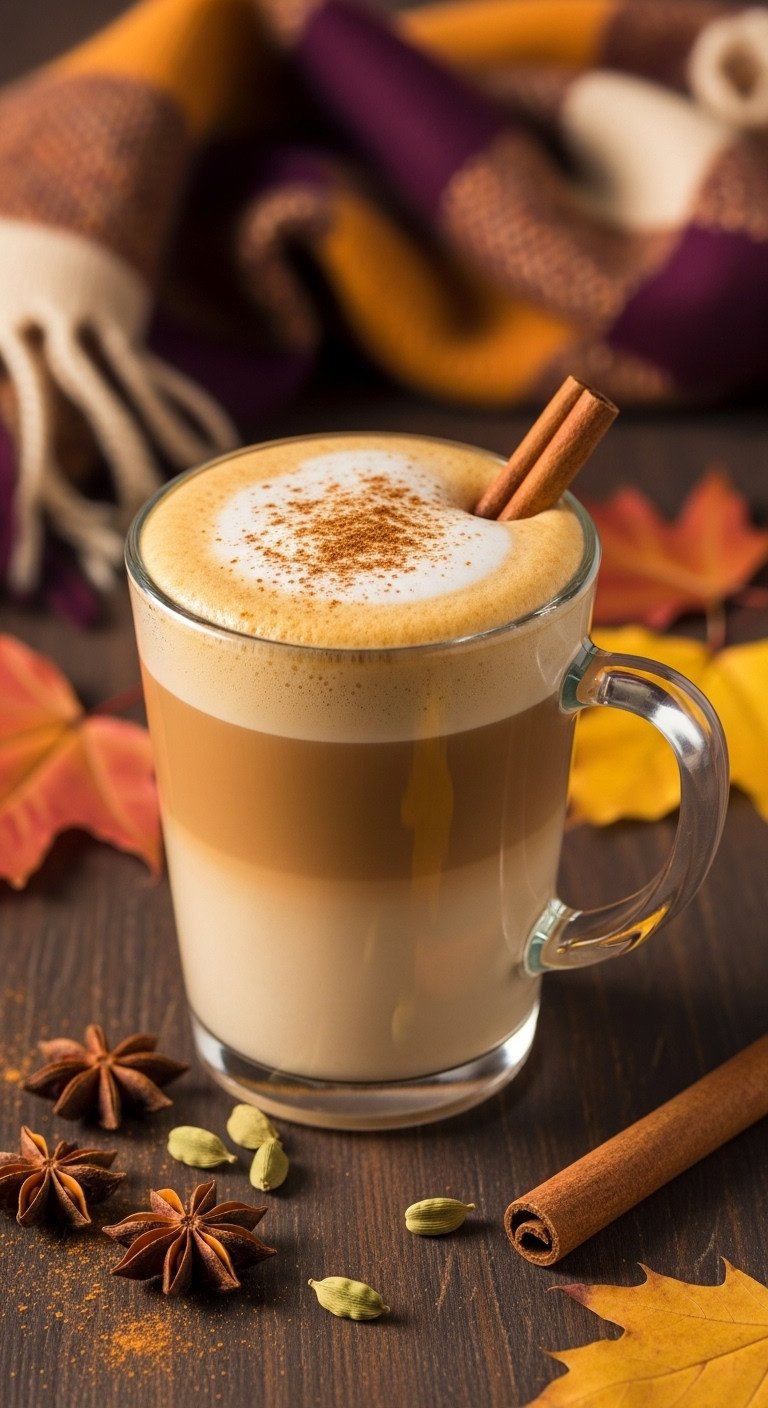 9 Delicious Pumpkin Coffee Ideas Beyond Basic Lattes 11 Aromatic Pumpkin Chai Latte in a clear glass mug with frothed milk cinnamon stick autumn leaves and cozy scarf on a dark wood surface