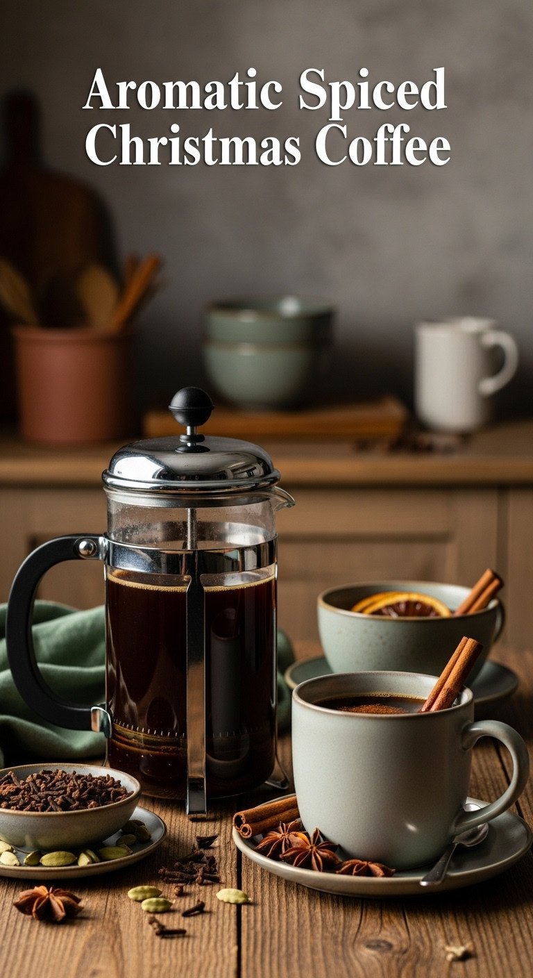 Aromatic Spiced Christmas Coffee in a French press and steaming mug with a cinnamon stick on a rustic wooden table