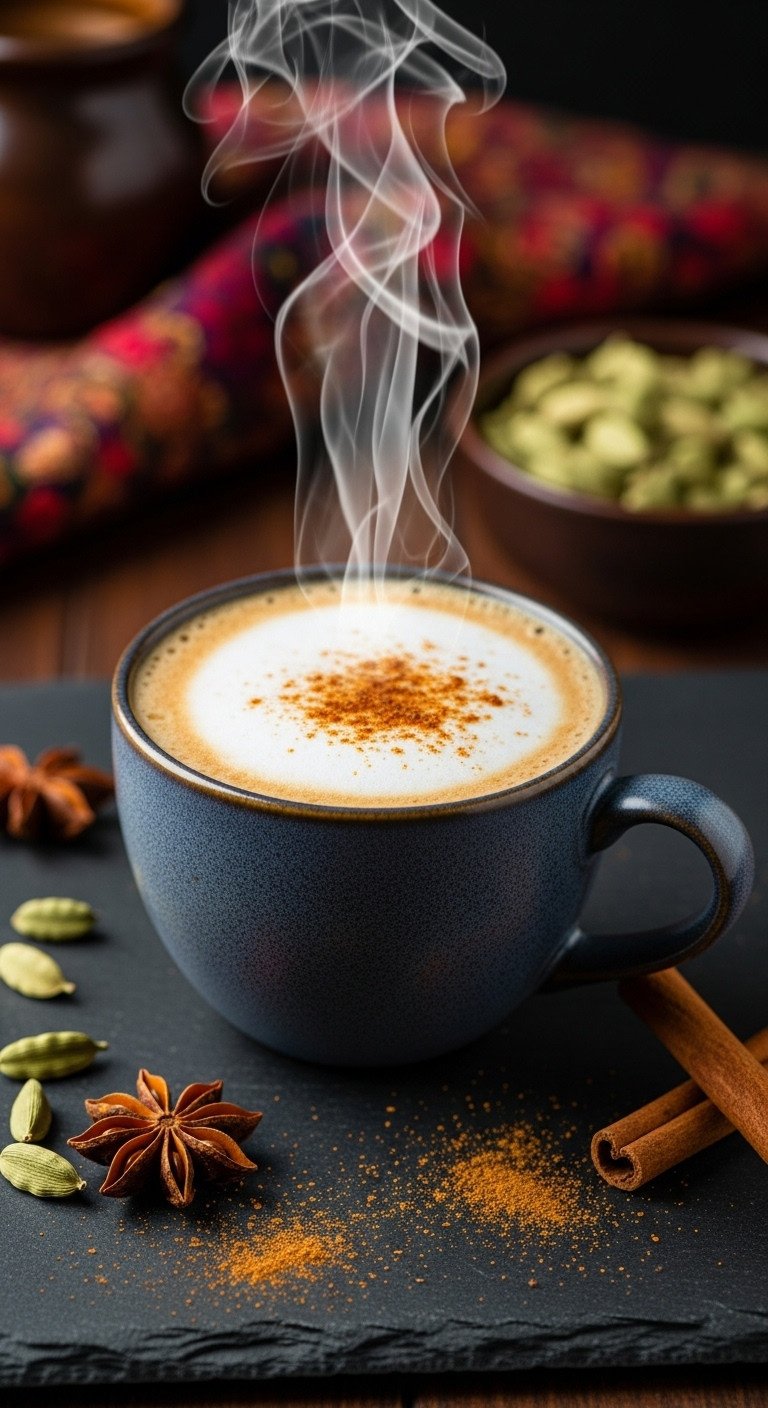 Aromatic masala coffee in a traditional handleless ceramic cup with spices scattered on a dark slate surface