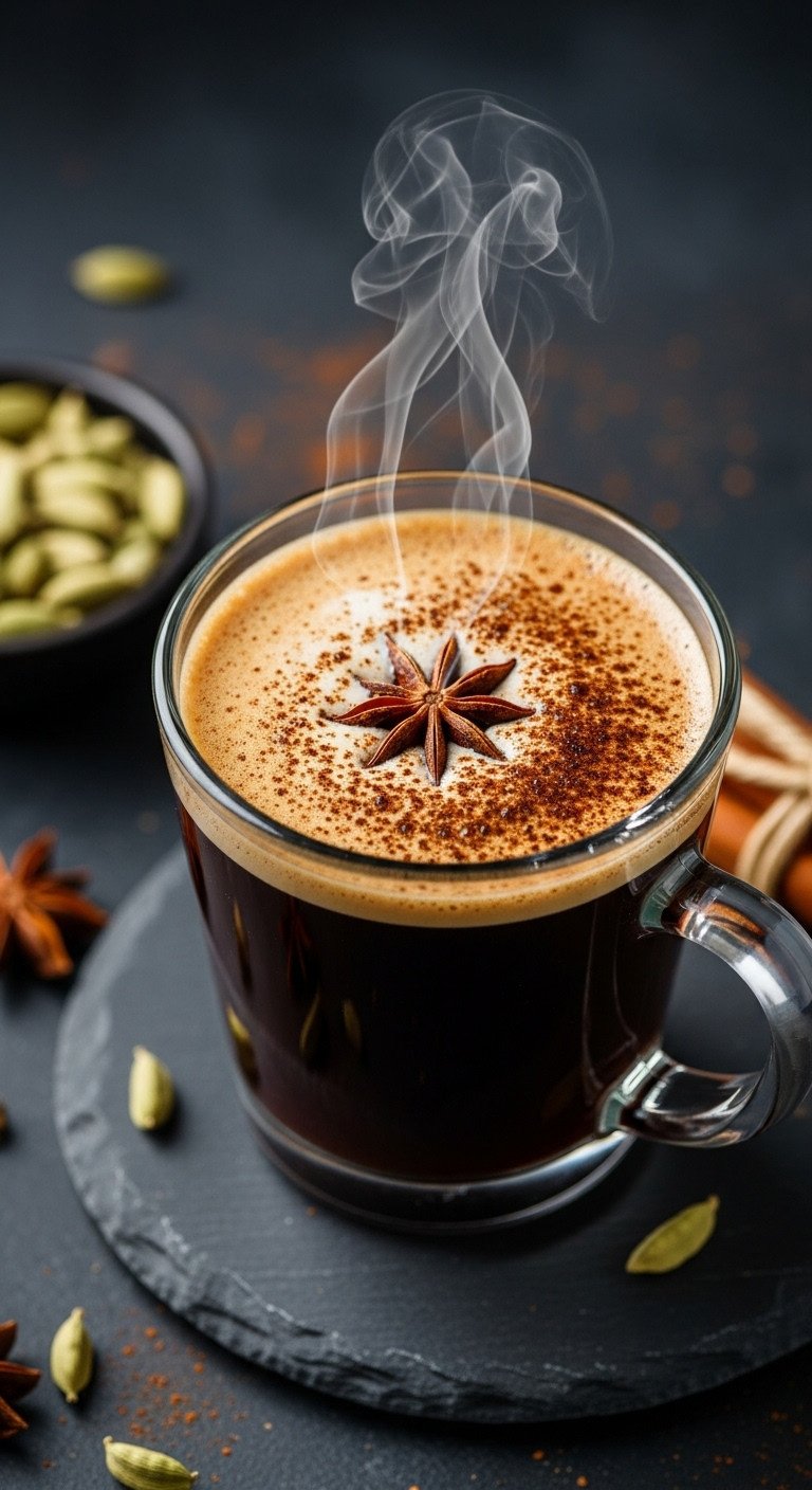 Aromatic winter spiced Kahlua warmer in a glass mug with cream and star anise on dark stone