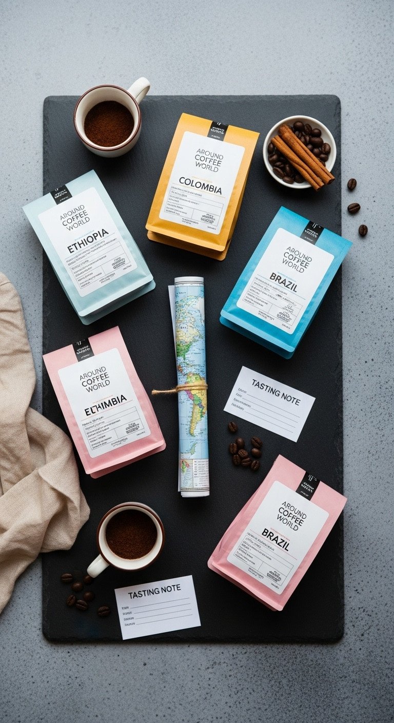 Around the world coffee journey gift basket with single origin coffees world map demitasse cups and tasting notes on a slate surface