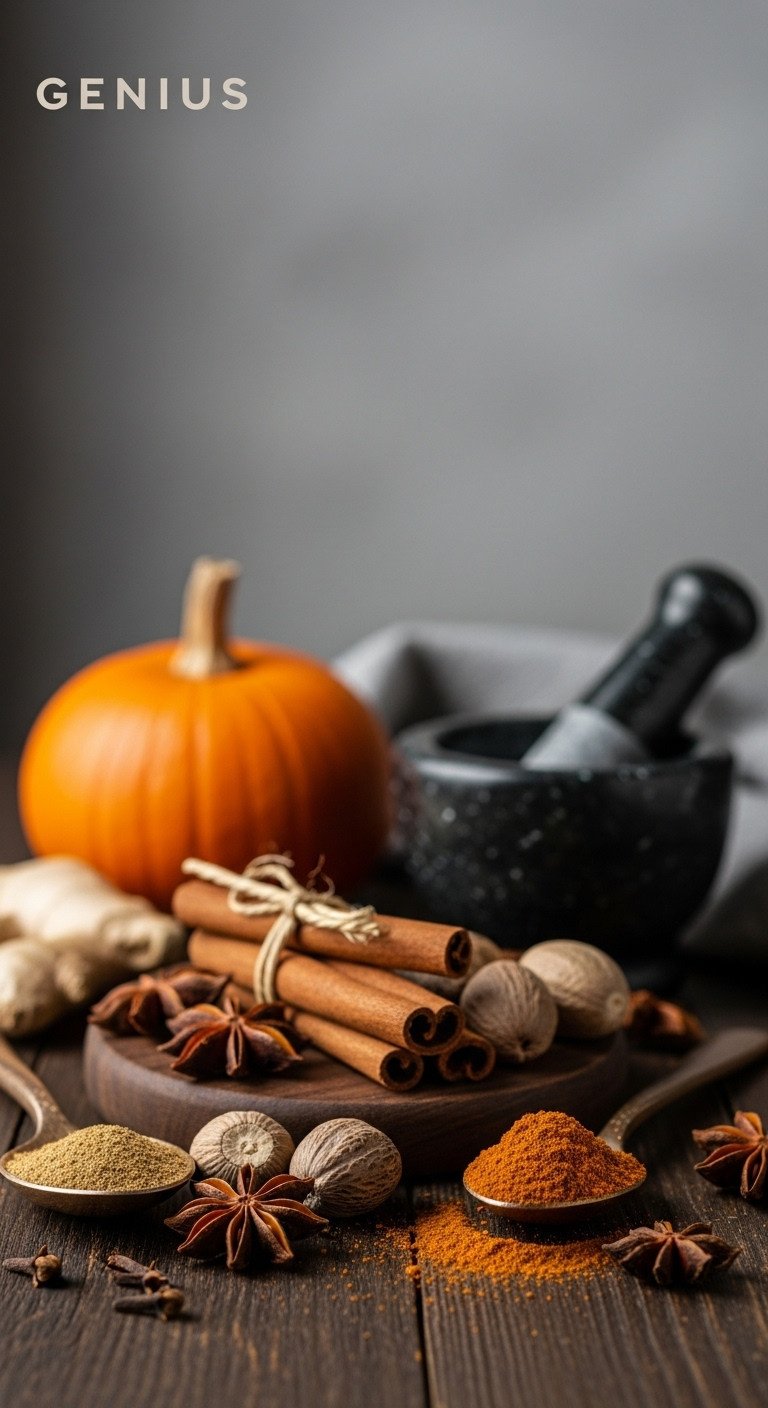 Artfully arranged pumpkin pie spices: cinnamon, star anise, nutmeg, ginger, cloves on dark wood with mortar and pestle, Whole30 fall recipe.