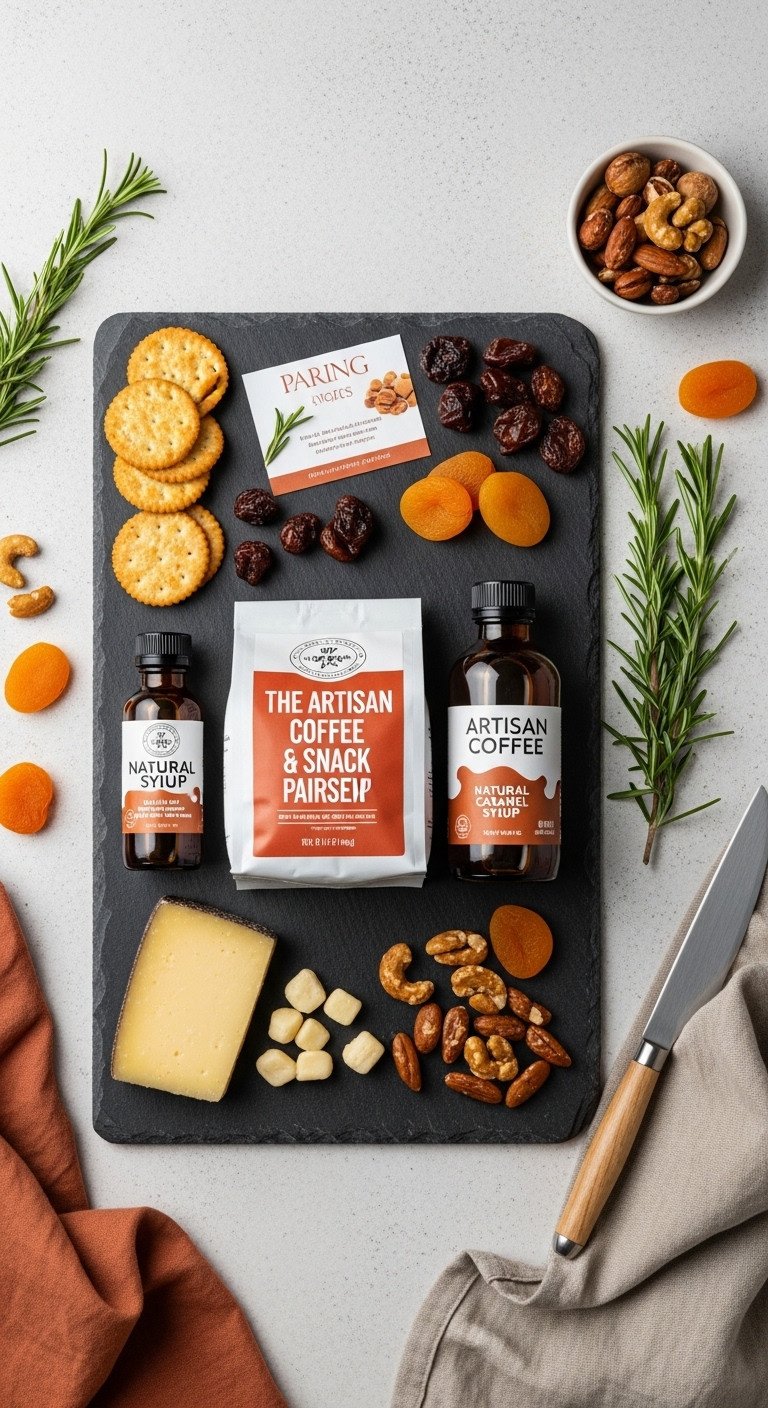Artisan coffee and snack pairing Valentine's Day gift basket with coffee caramel syrup crackers apricots and nuts on a slate board