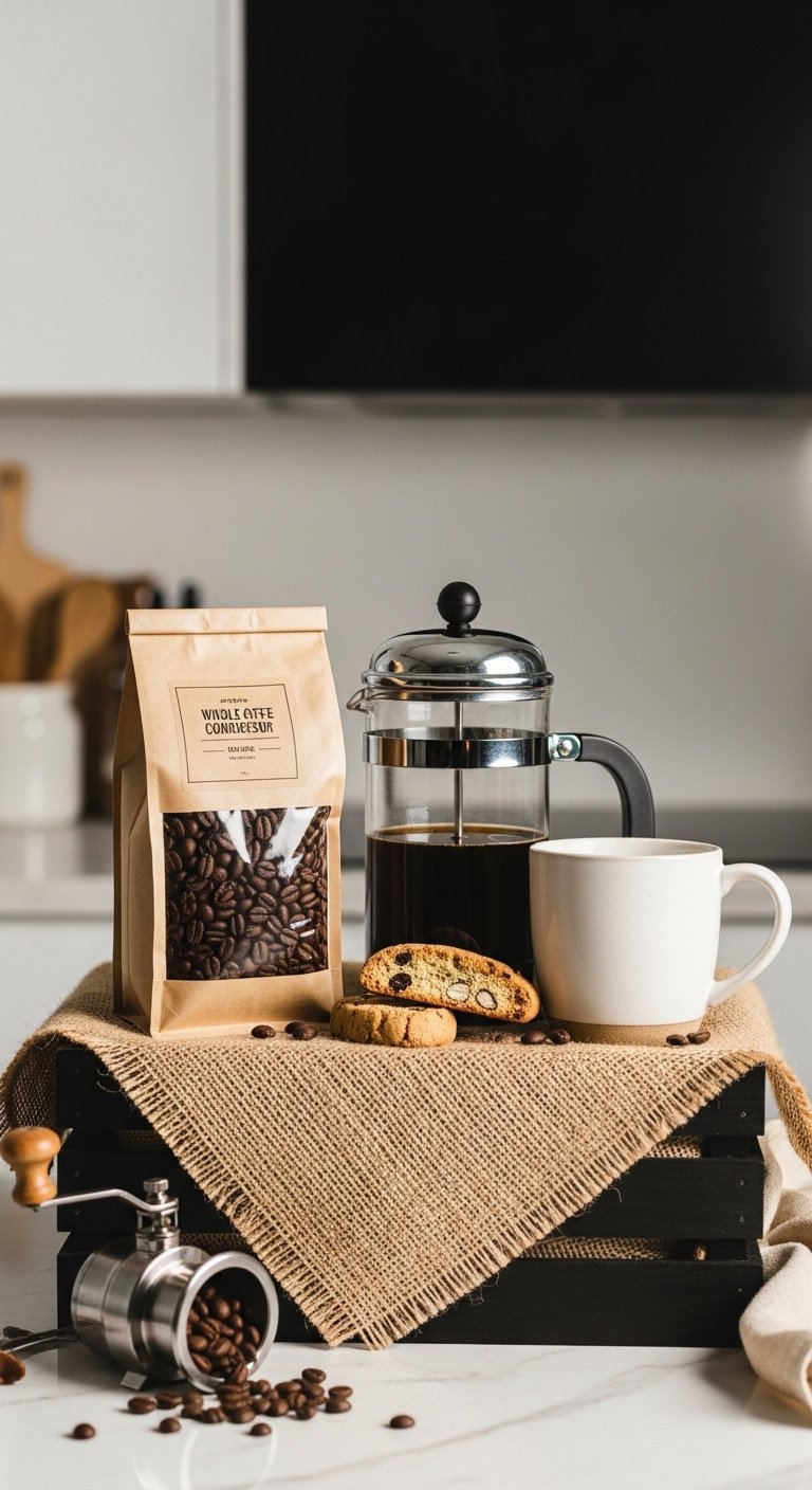 Artisan coffee gift basket with French press biscotti and ceramic mug on a dark wooden crate