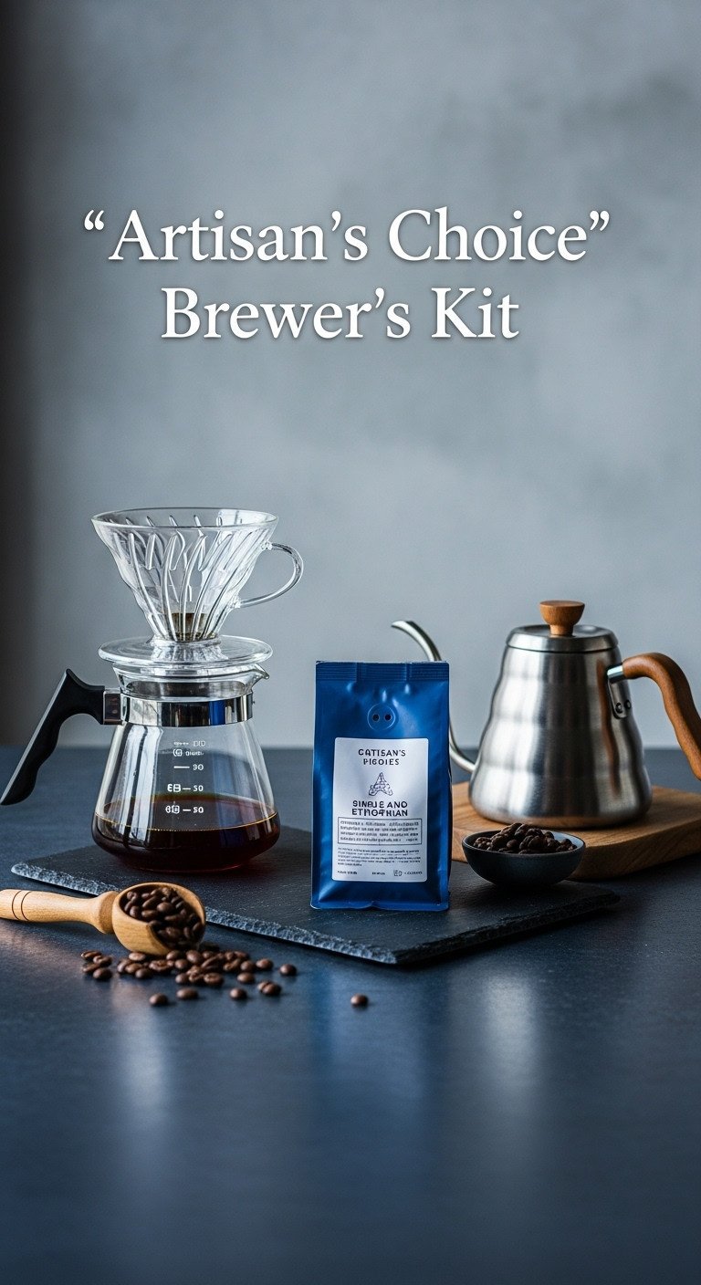 Artisans choice brewers kit coffee gift basket for women with glass pour-over Ethiopian coffee and gooseneck kettle on a slate surface