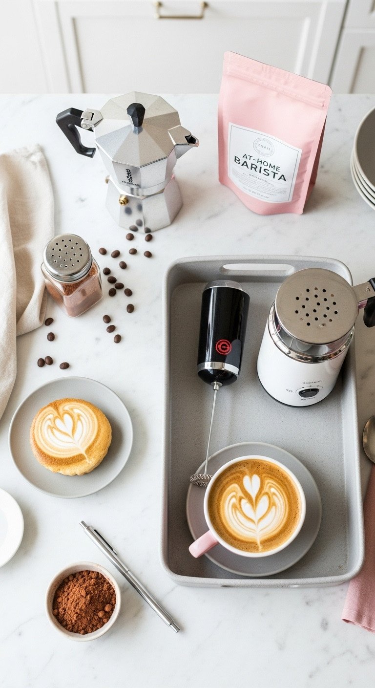 At-home barista basket with Moka pot milk frother espresso beans and latte art stencils on a marble countertop