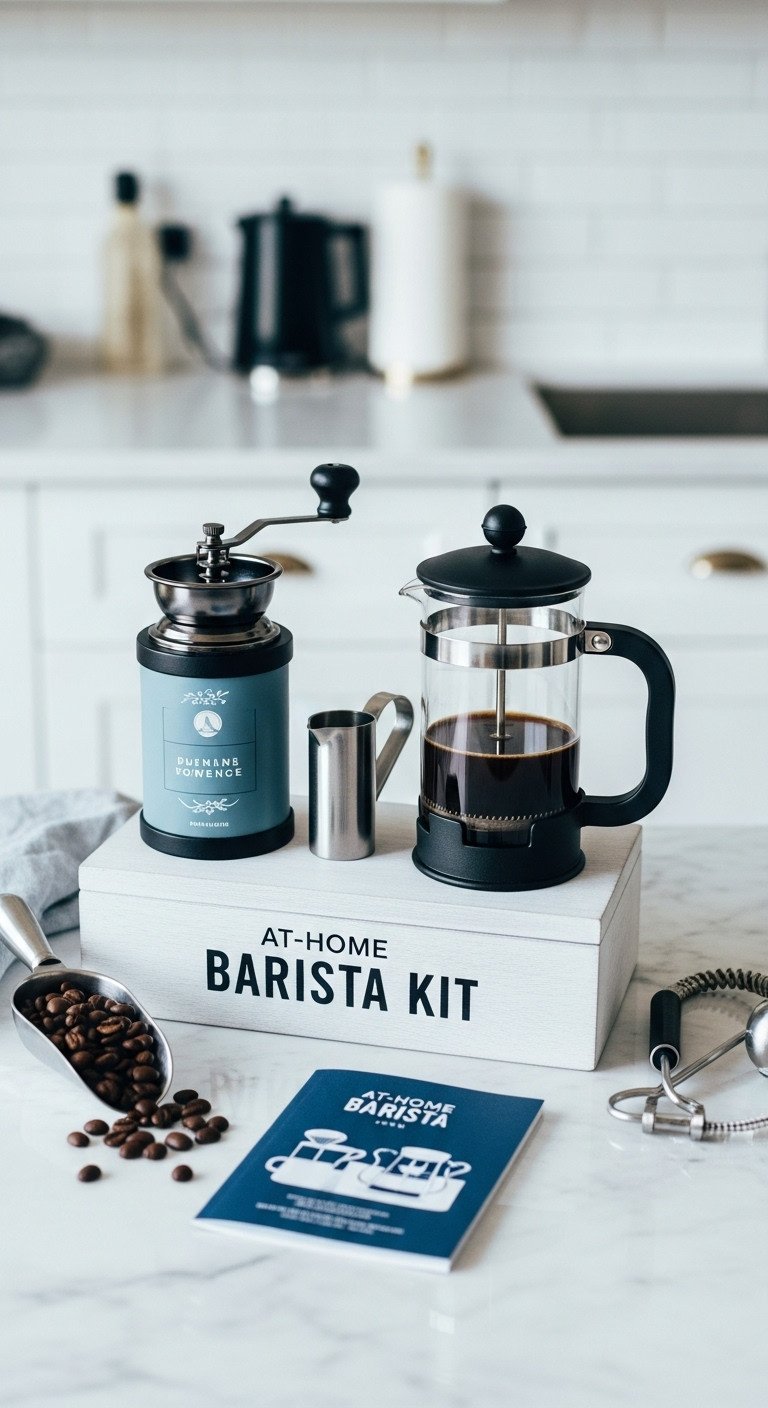 At-home barista kit in a gift crate with French press grinder and tools on marble countertop with coffee beans