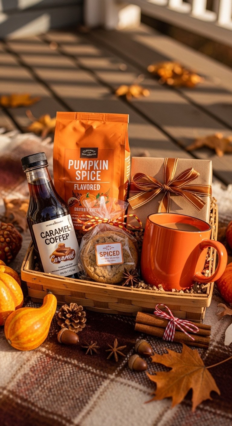 Autumn themed coffee gift basket with pumpkin spice coffee caramel syrup spiced cookies and an orange ceramic mug on a plaid blanket