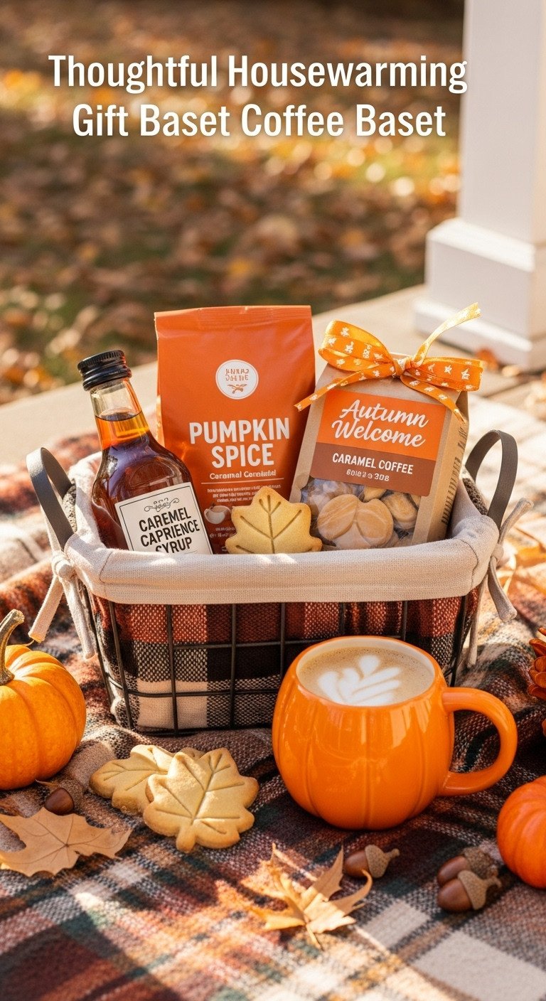 Autumn welcome themed housewarming coffee gift basket with pumpkin spice coffee caramel syrup pumpkin mug and leaf cookies