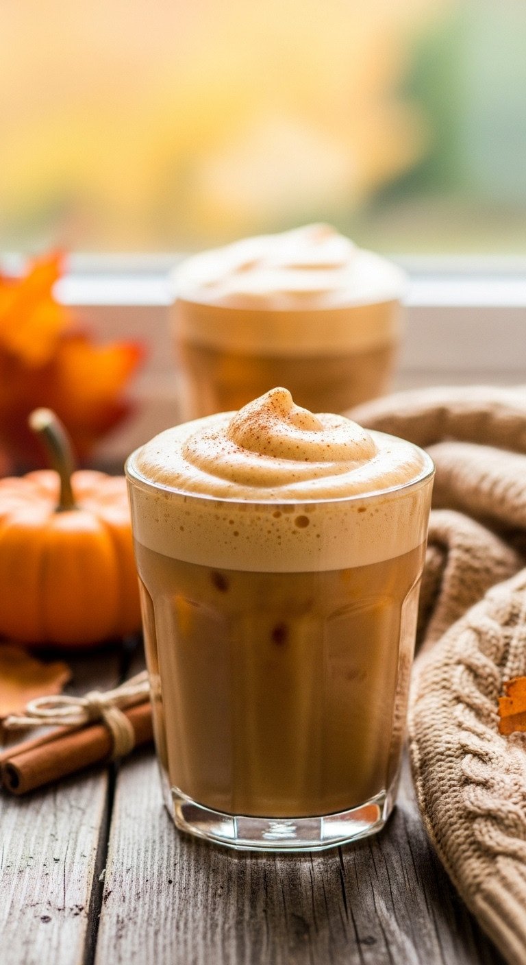 Unlock The Secret To Perfect Creamy Cold Foam At Home 7 Autumnal iced coffee, pumpkin spice cold foam, cinnamon, small pumpkin on wooden surface with fall foliage.