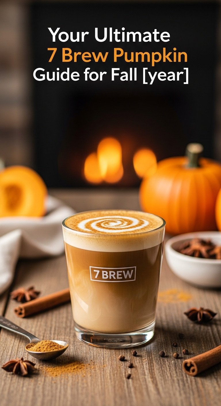 Balanced 7 Brew pumpkin drink in clear glass, with cinnamon sticks & star anise on a rustic table, cozy fall setting.