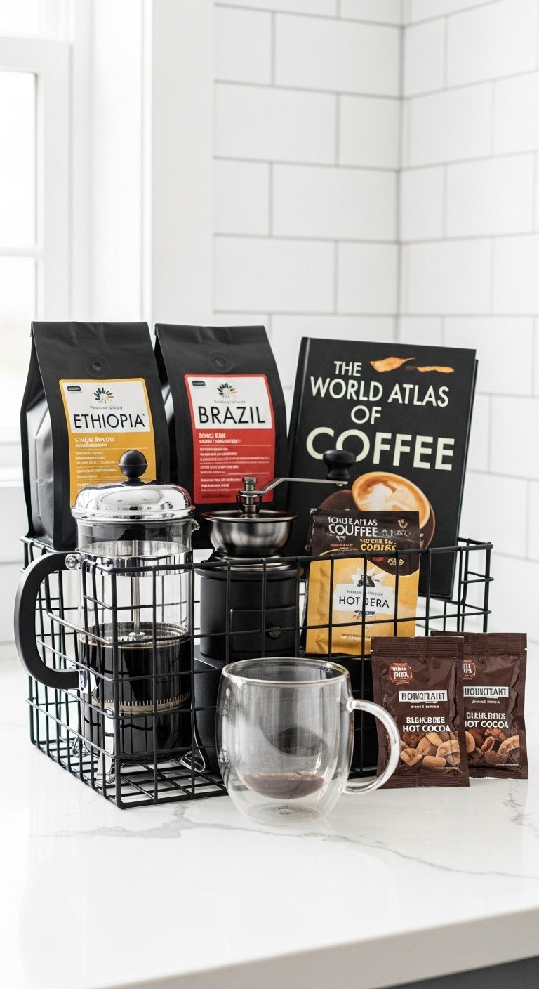 Barista's Book Nook gift basket with French press single origin coffee manual grinder World Atlas of Coffee book double walled mug hot cocoa on kitchen counter