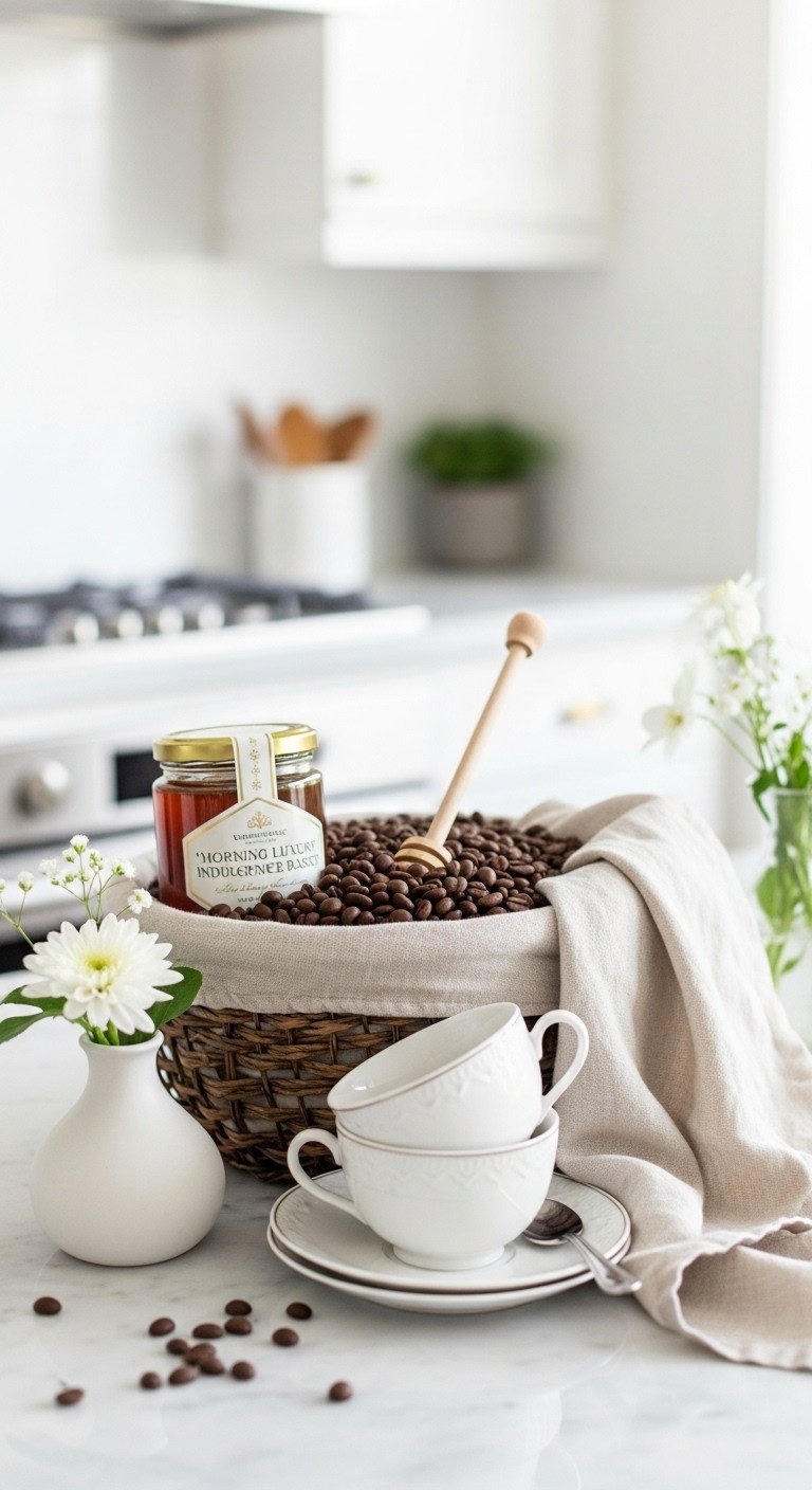 Basket overflowing with dark roast coffee beans artisanal honey and two delicate porcelain demitasse cups on a marble countertop