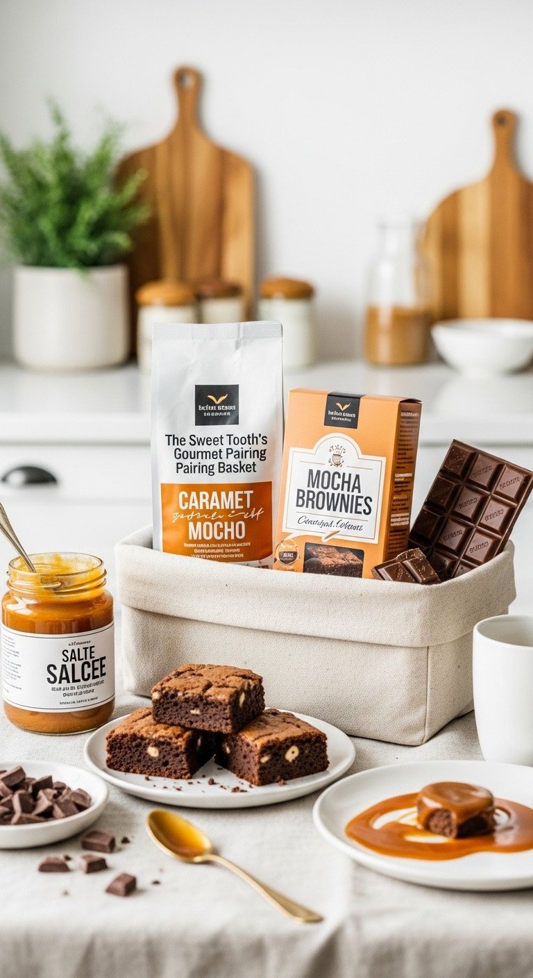 Basket overflowing with flavored espresso gourmet mocha brownies salted caramel sauce and artisan chocolate bars in a cozy kitchen