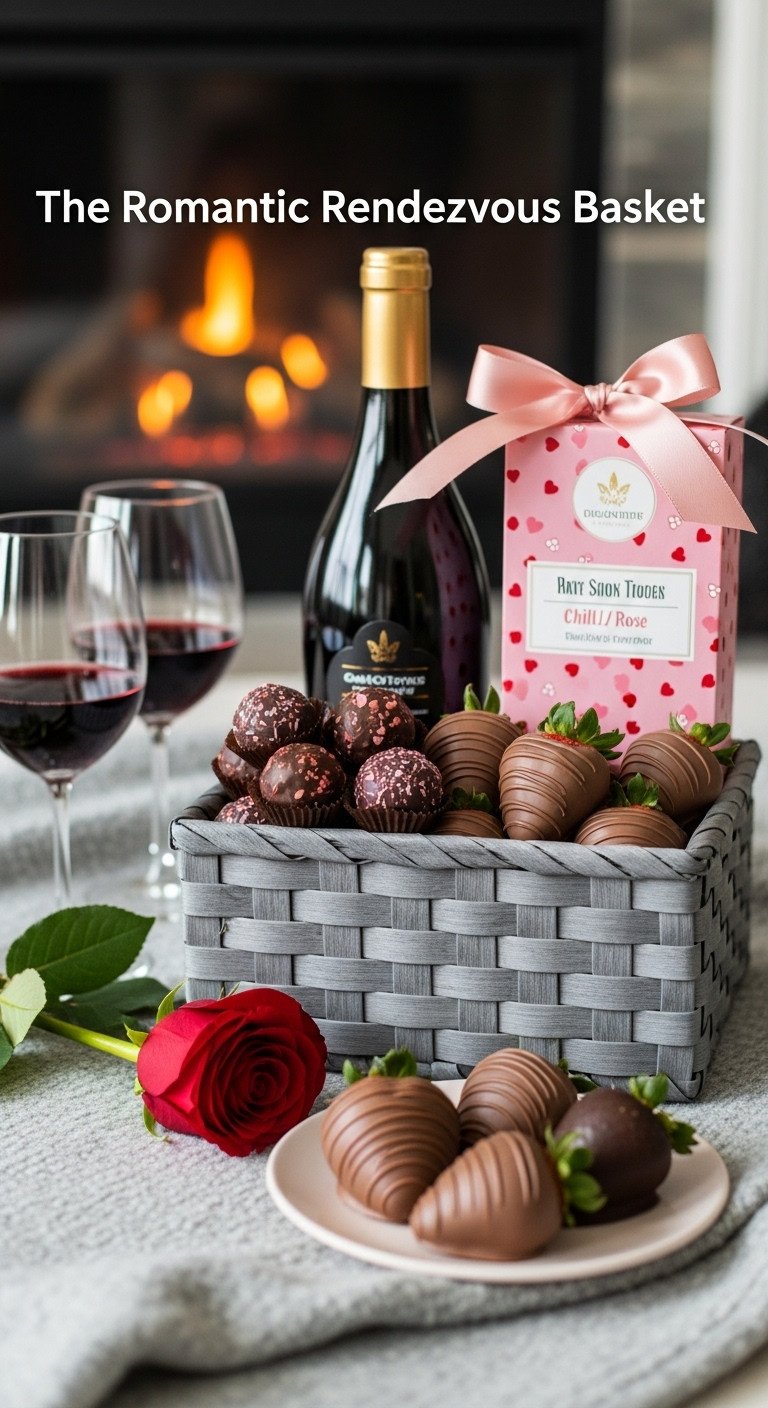 Basket with dark chocolate truffles chili rose flavors chocolate covered strawberries and gourmet coffee with wine glasses and a red rose