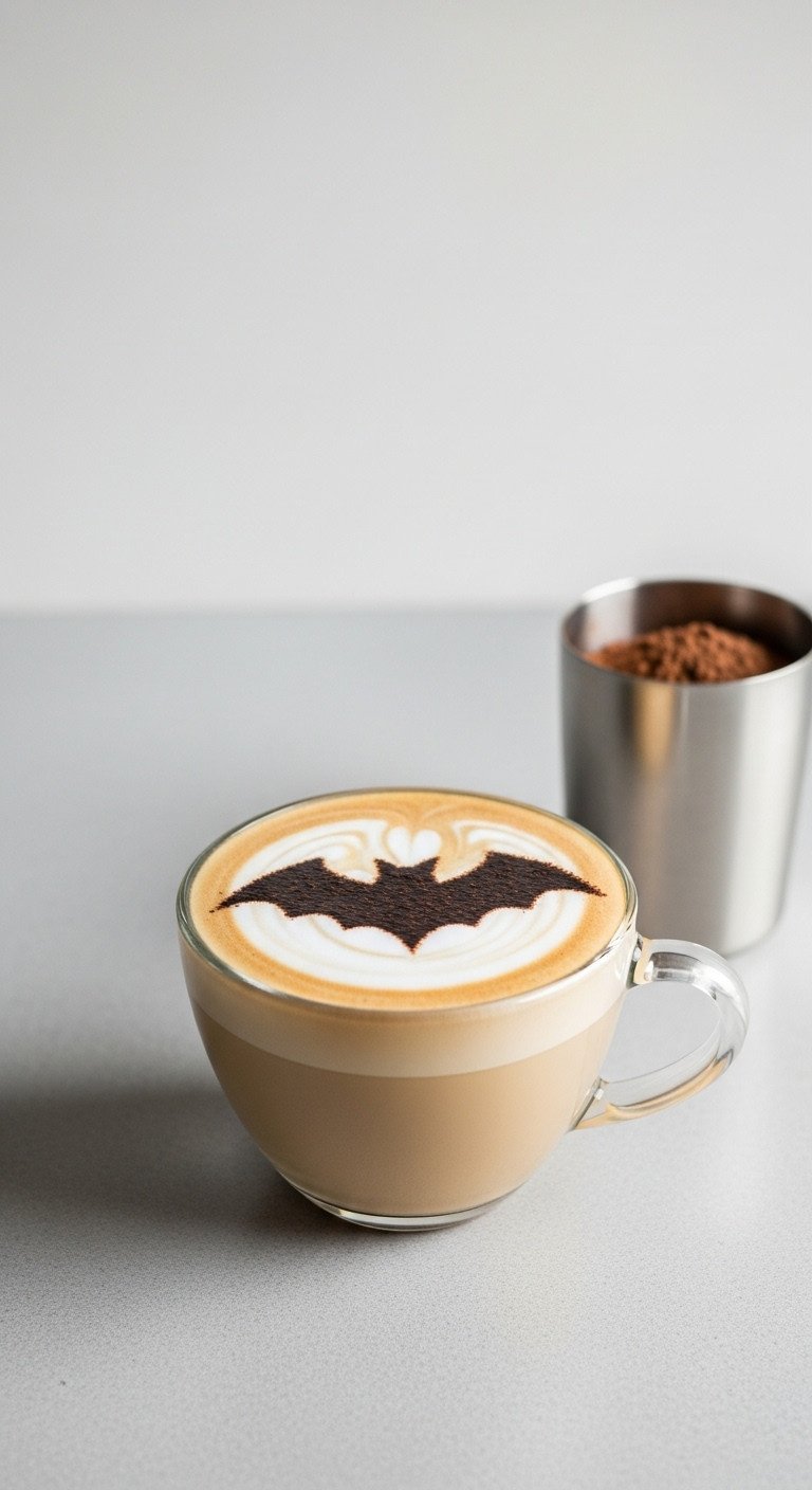 Bat silhouette Halloween coffee latte art with cocoa powder on foam in a sleek glass mug on a light gray countertop