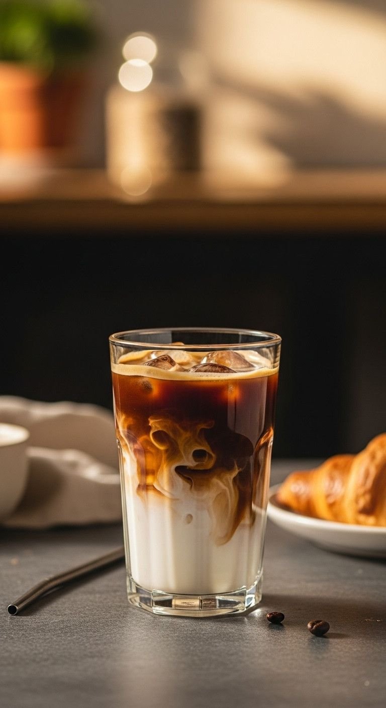 Beautiful layered vanilla iced coffee in a tall glass with milk swirl, metal straw, croissant on stone.