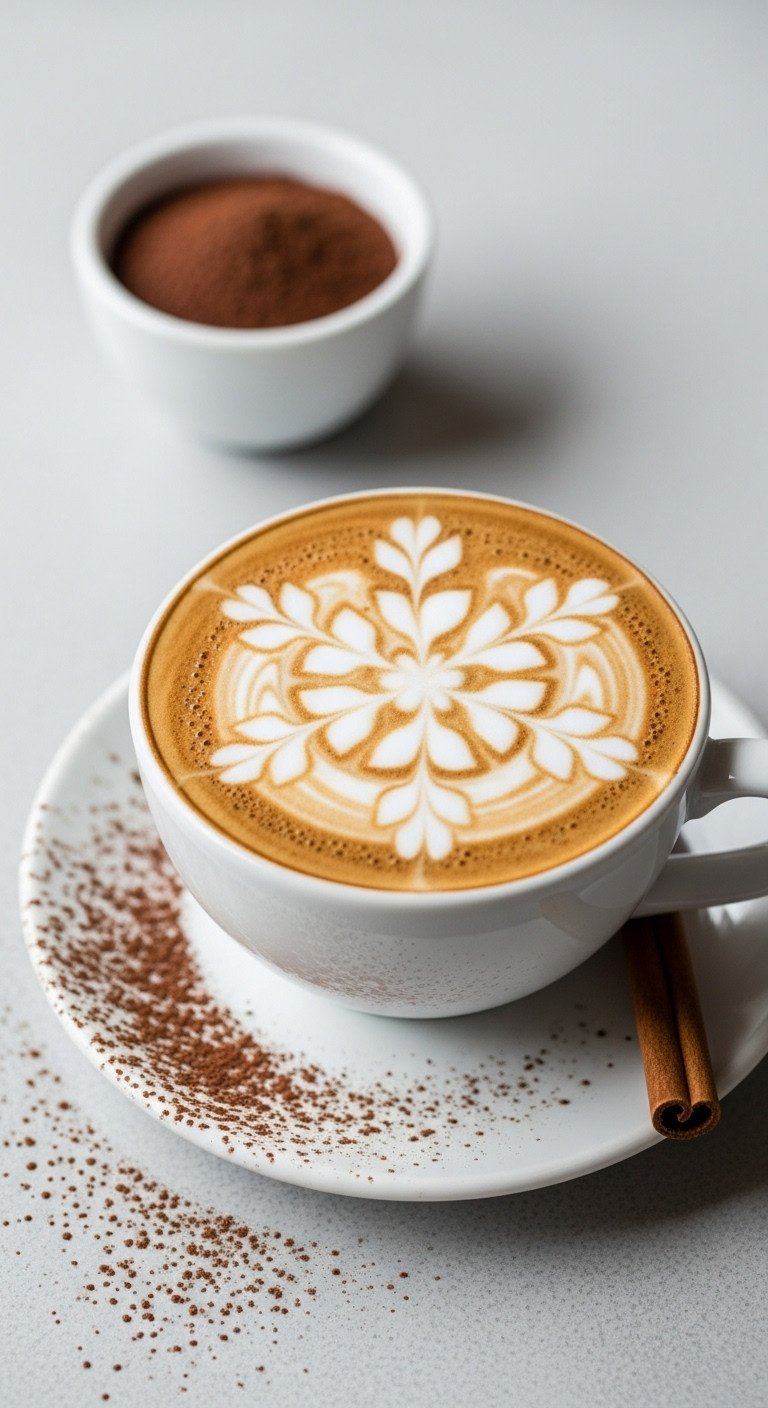 Beautiful snowflake latte art close-up in a wide cup with cocoa dust and cinnamon stick. Festive coffee design.