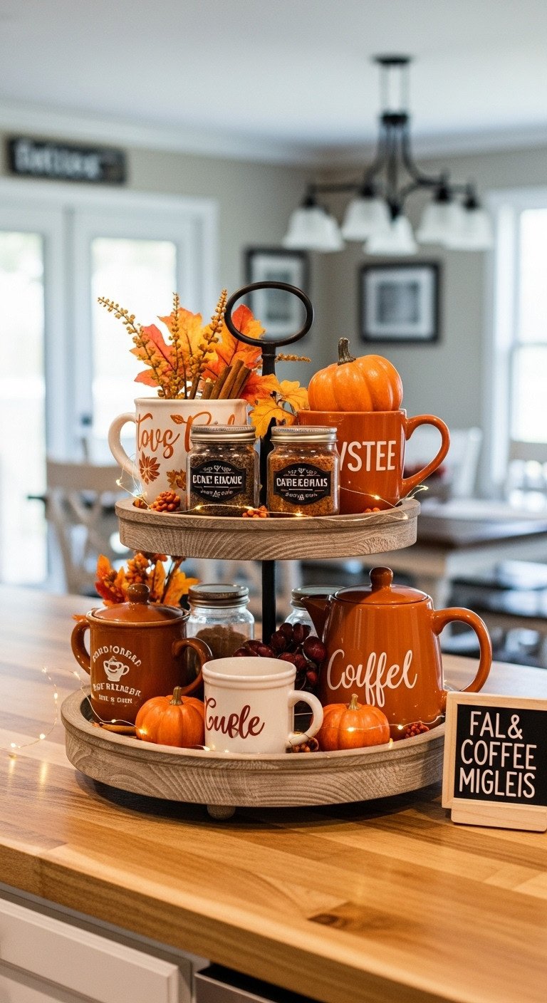 13 Cozy Pumpkin Coffee Aesthetic Ideas for Fall Vibes 3 Beautifully styled fall coffee bar with tiered tray fall mugs small pumpkins jars of spices and sign on a rustic wooden countertop