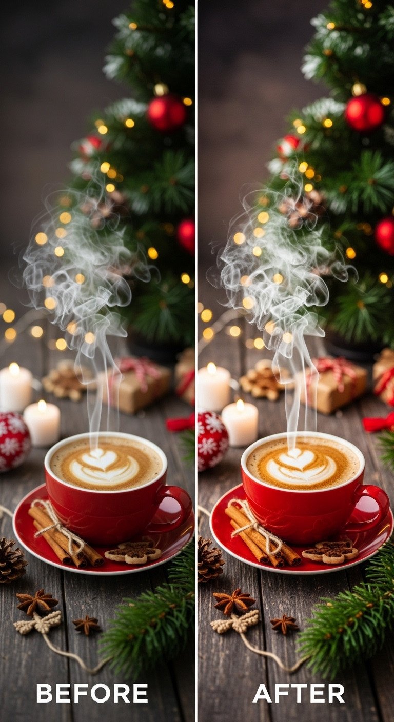 Before and after split image of Christmas coffee photo showing dark flat 'before' and vibrant warm 'after' with enhanced steam and colors