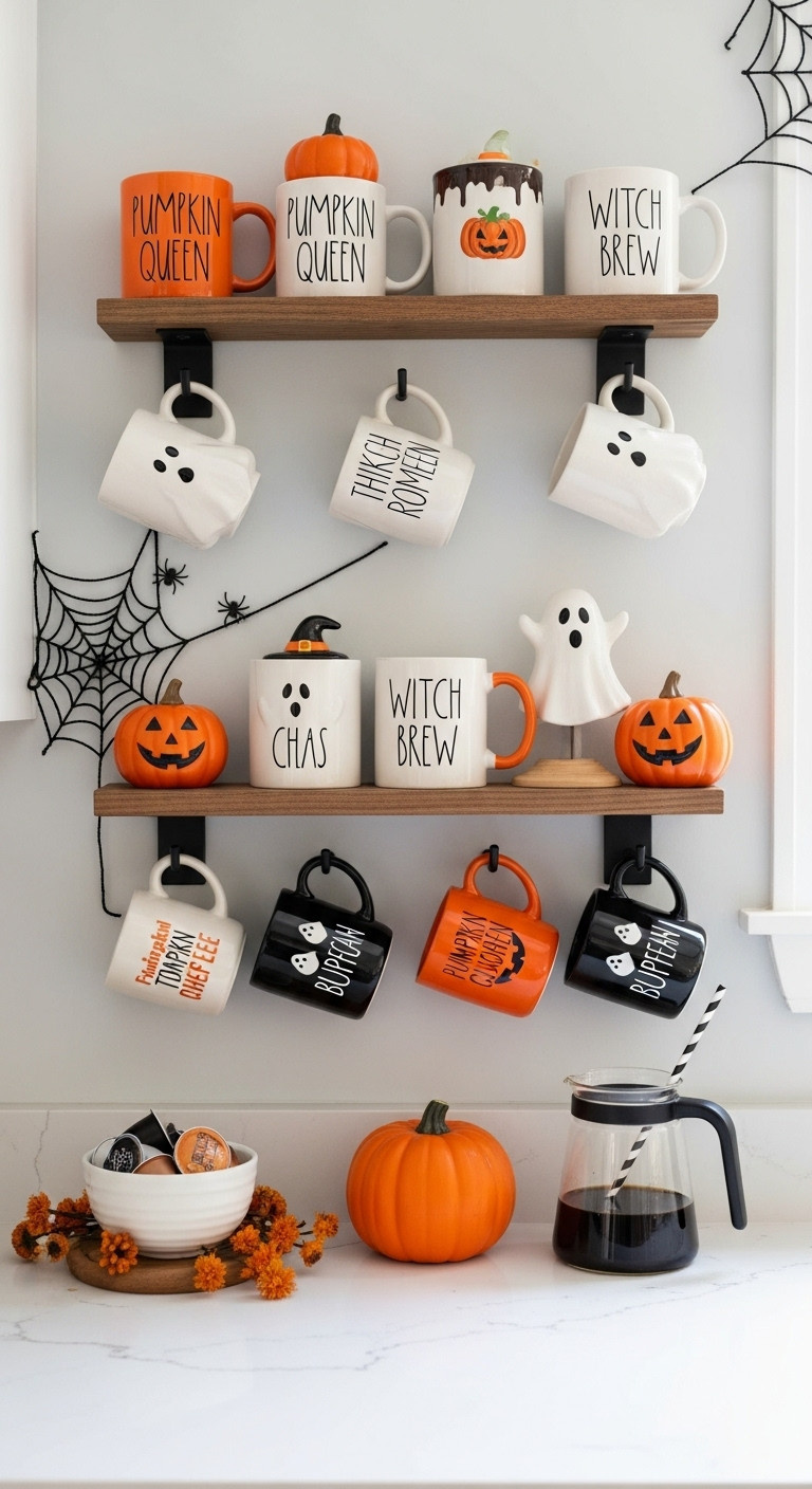 Bewitching Mug Wall Halloween coffee corner with wall-mounted display of themed mugs spiderweb decal coffee pot coffee pods mini pumpkin