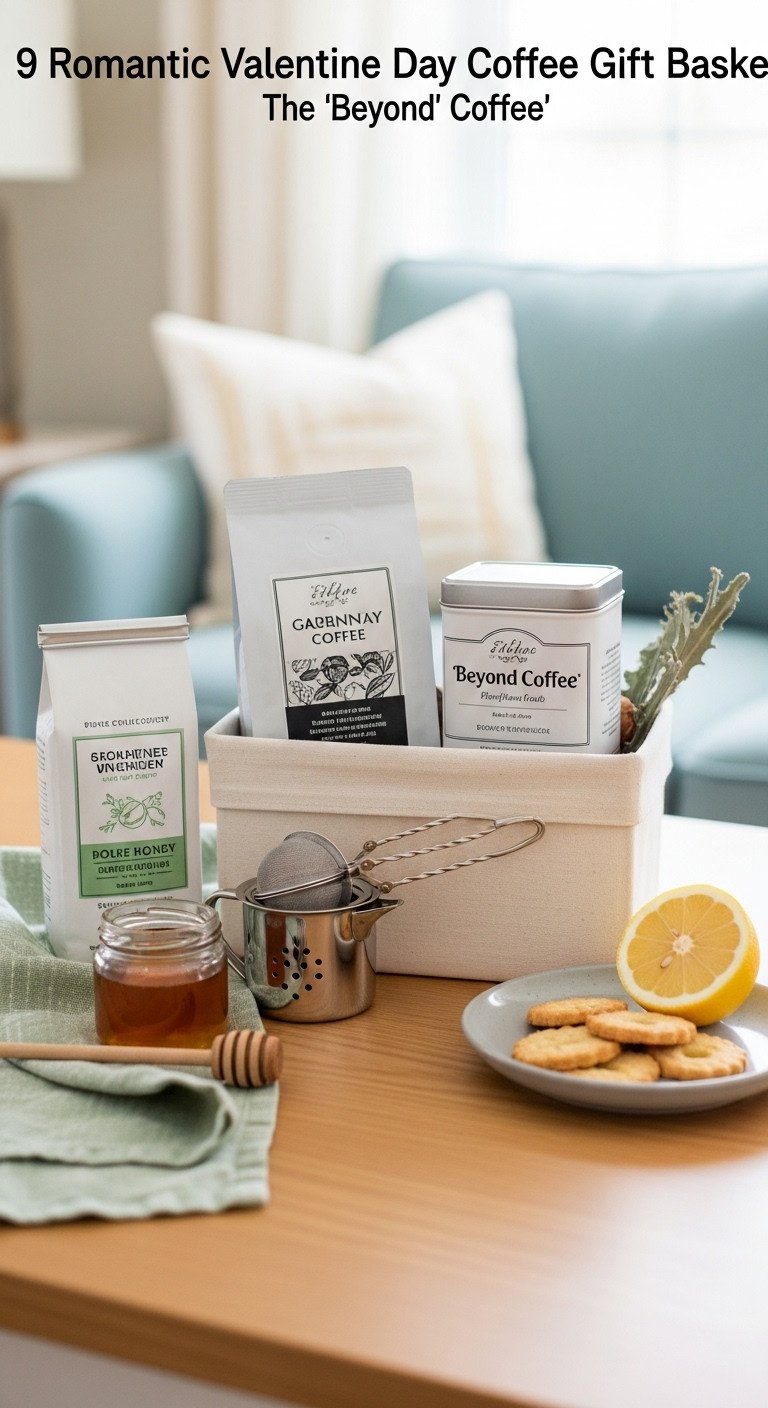 Beyond coffee Valentine's Day gift basket with gourmet coffee loose-leaf tea strainer and shortbread on a light wood table