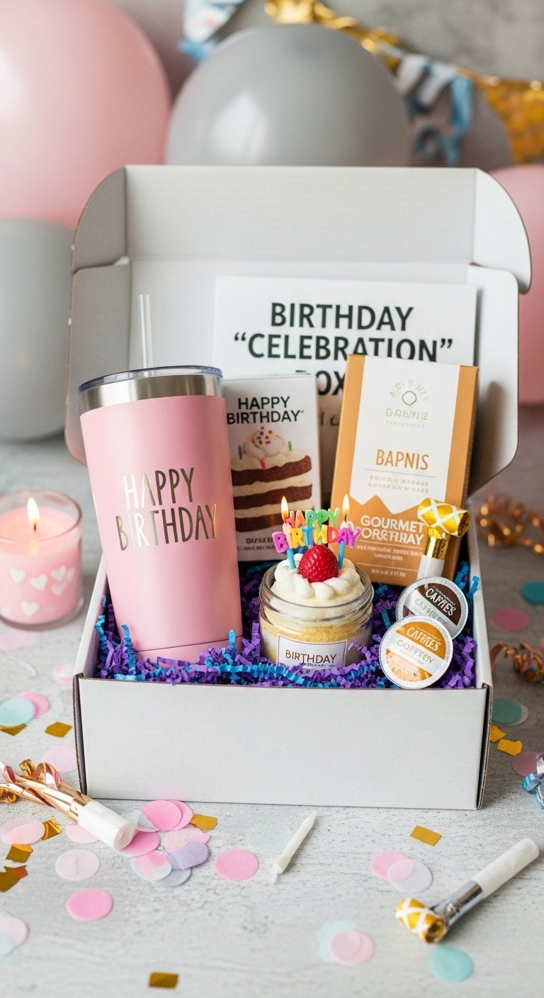 Birthday celebration coffee gift basket for women with happy birthday tumbler cake in a jar and coffee pods in a gift box