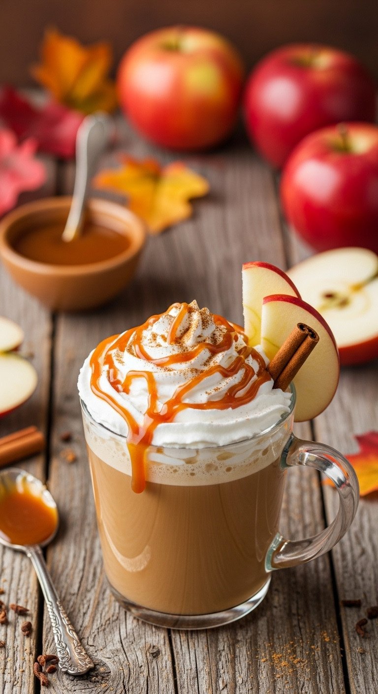 Black Cat Caramel Apple Latte with whipped cream caramel drizzle apple slice and cinnamon stick on a weathered wooden surface with fall leaves