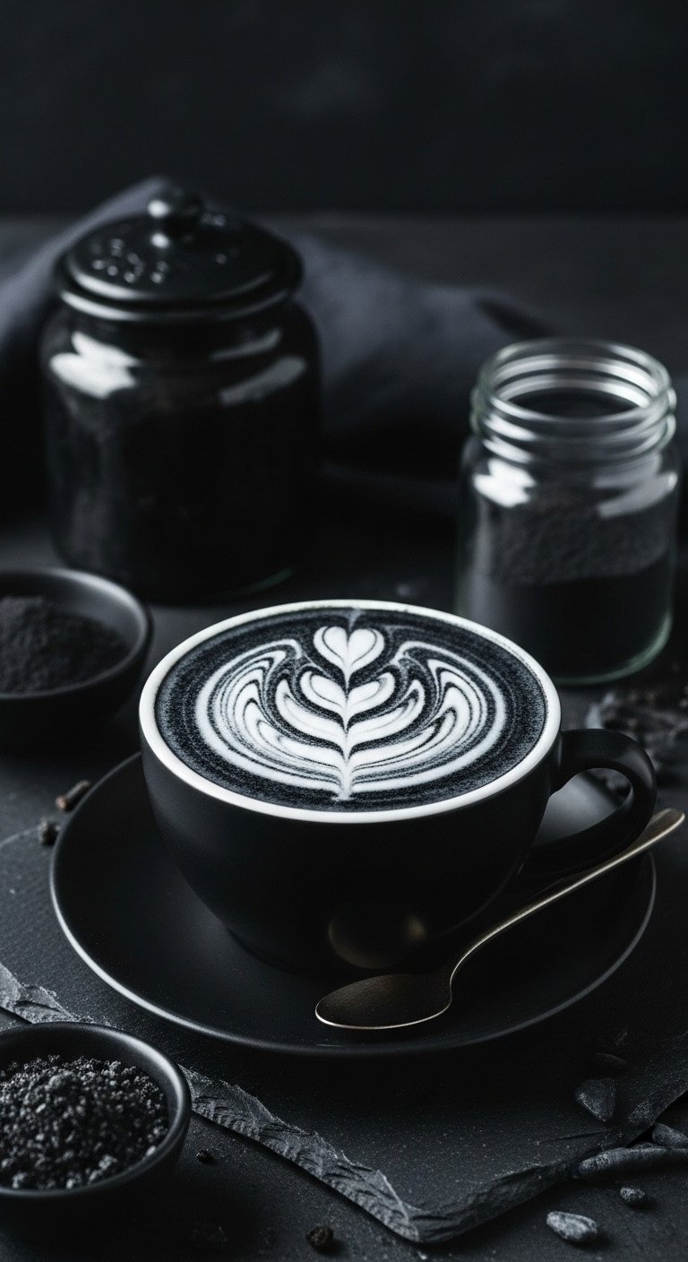 Black Magic Charcoal Latte in a black mug with frothed milk art on a dark slate surface with black sugar crystals and activated charcoal powder