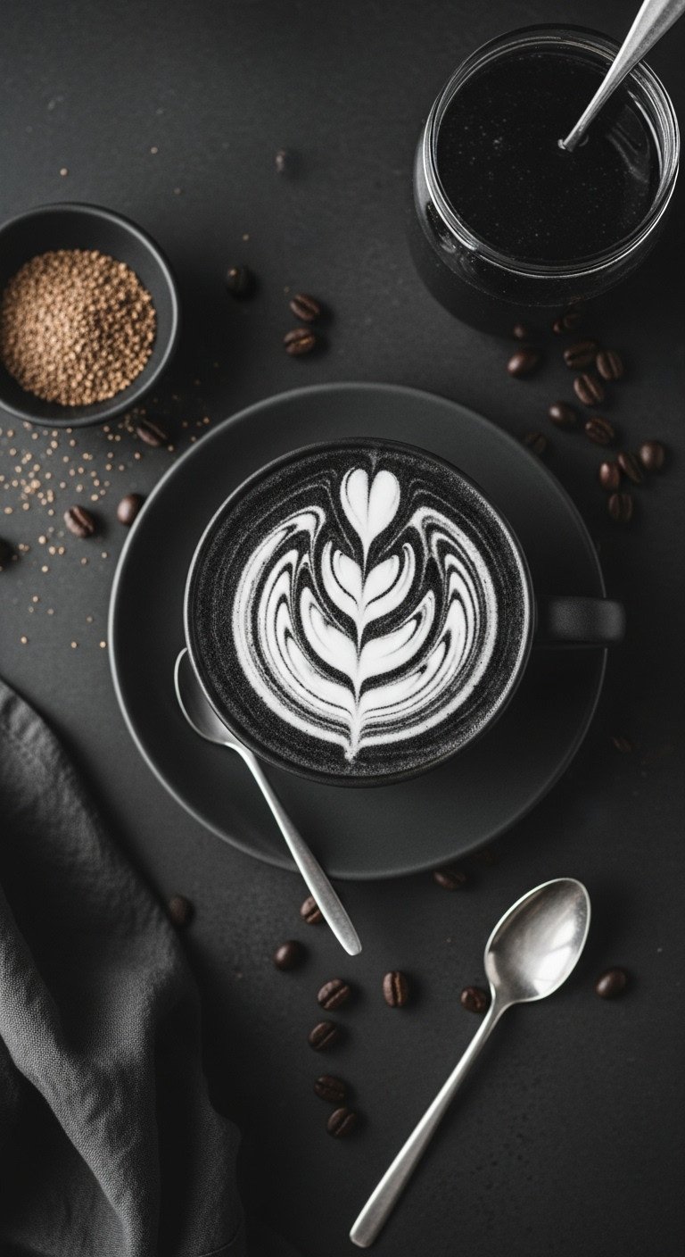 Black Magic Charcoal Latte in a minimalist ceramic mug with latte art on a dark slate surface with a silver spoon and scattered black coffee beans