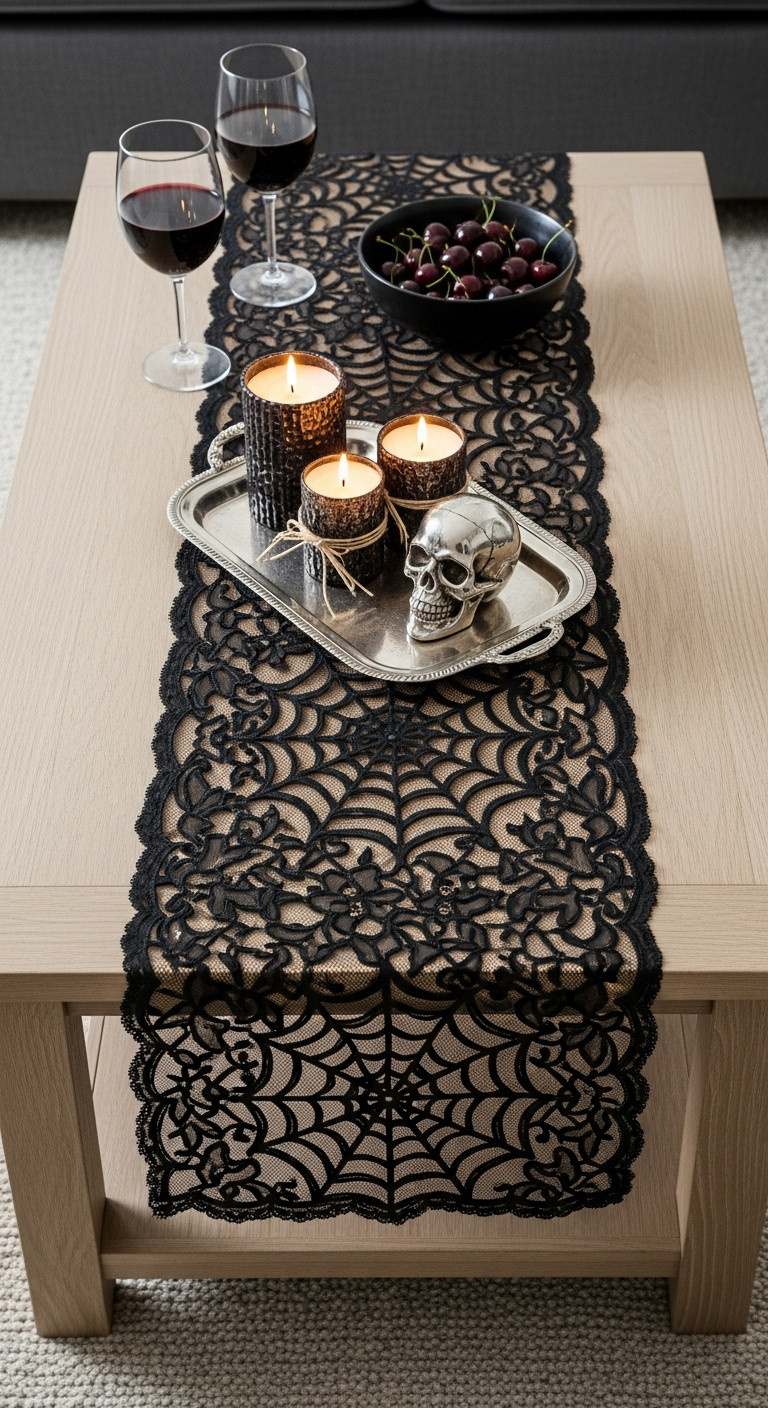 Black lace spiderweb table runner on a light wood coffee table with a silver tray and skull for Halloween decor