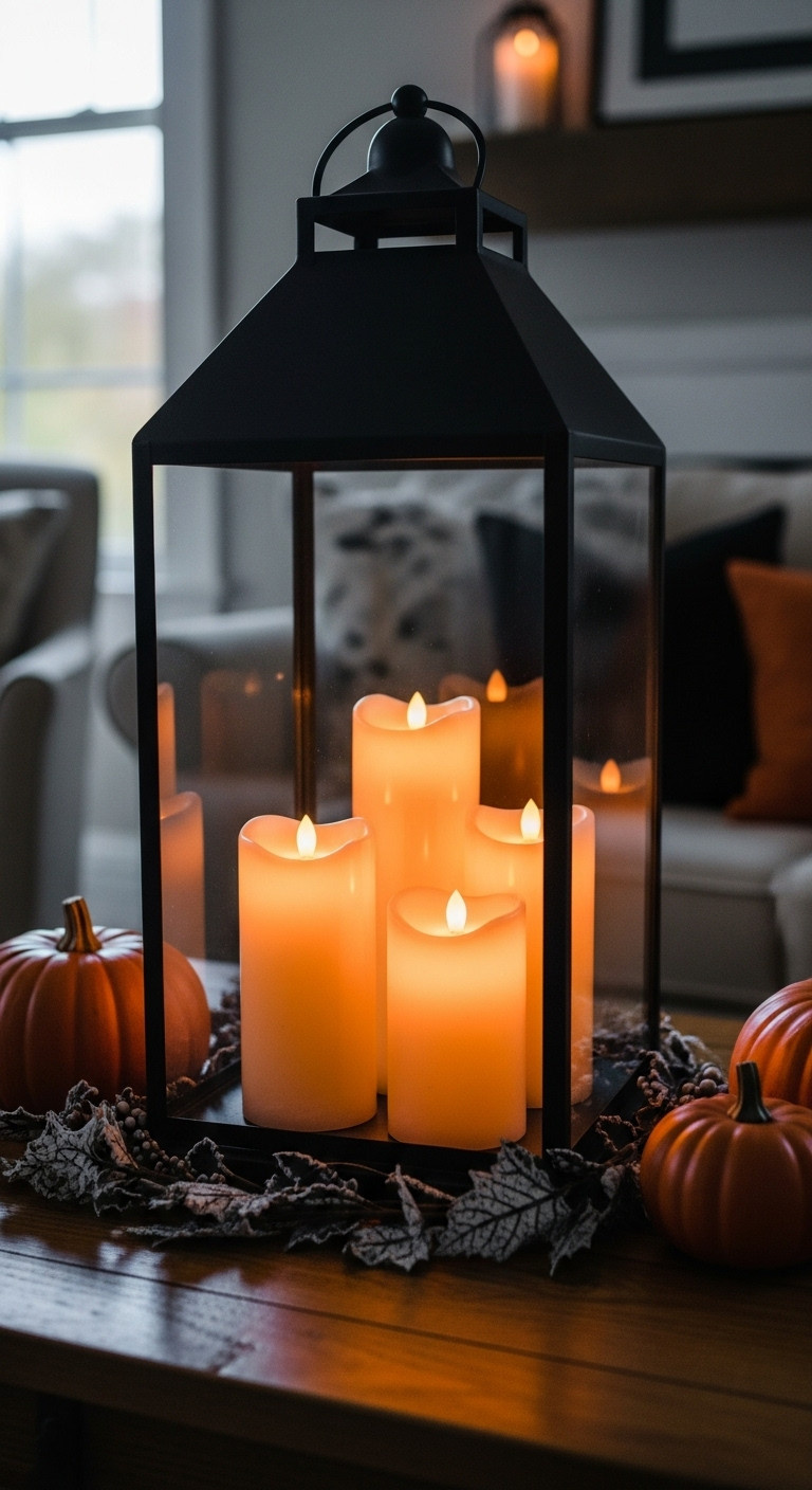 Black metal lantern with flickering battery candles, terracotta pumpkins, and black and white foliage for spooky chic Halloween decor