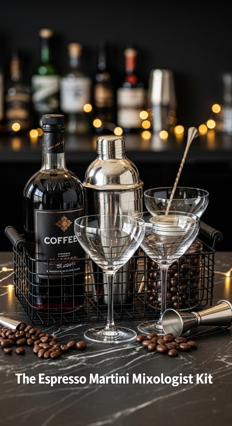 Black wire basket with coffee liqueur cocktail shaker martini glasses and chocolate covered espresso beans on a dark marble countertop