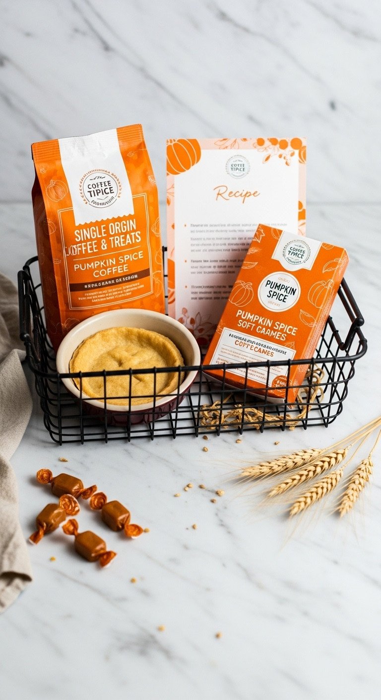 7 Cozy Pumpkin Spice Coffee Gift Basket Ideas To Delight All 5 Black wire basket with premium pumpkin spice coffee artisanal pumpkin spice soft caramels ceramic pie pan and recipe card