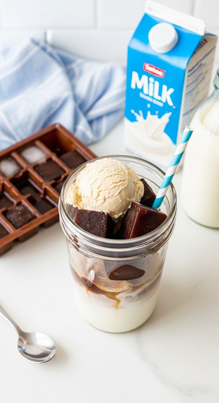 Make Rich And Creamy Cold Coffee With Ice Cream At Home 13 Blender jar with dark coffee ice cubes, milk, ice cream; with ice tray, milk carton on white counter. DIY coffee hack.
