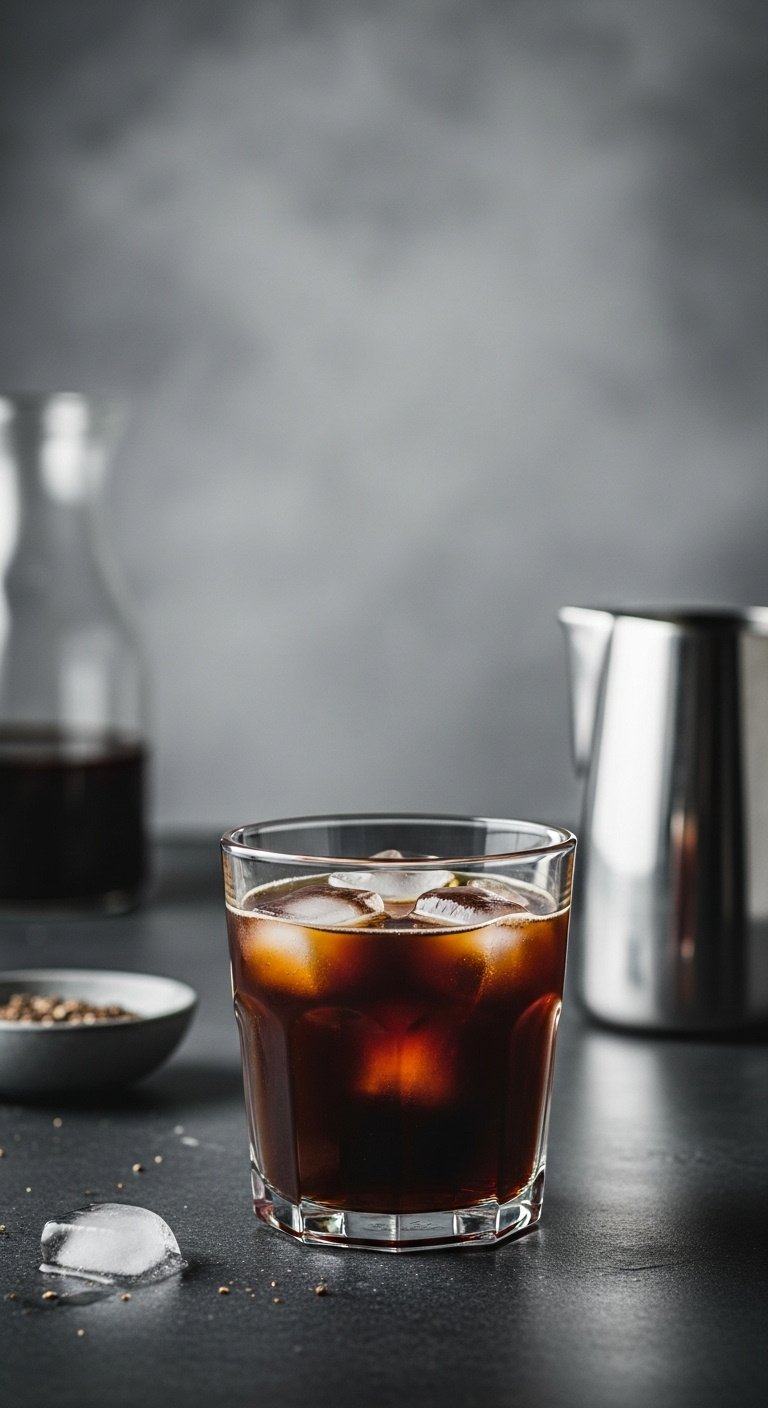 Perfect Cold Brew At Home With 7 Iced Coffee Recipes 12 Bold dark Iced Americano in minimalist glass tumbler with large ice cubes on dark concrete, stainless steel pitcher, gray wall.