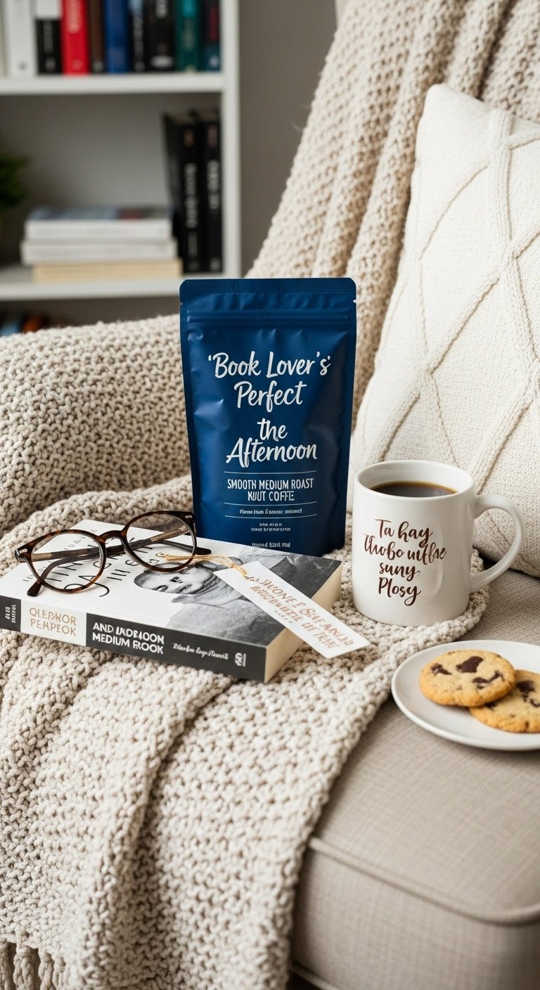 Book lovers perfect afternoon coffee gift basket for women with paperback book literary mug and medium roast coffee on an armchair