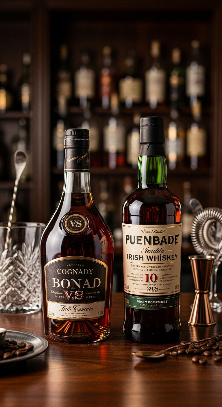 Brandy and Irish whiskey bottles side by side on a dark wood bar top with blurred cocktail glasses and coffee beans in background
