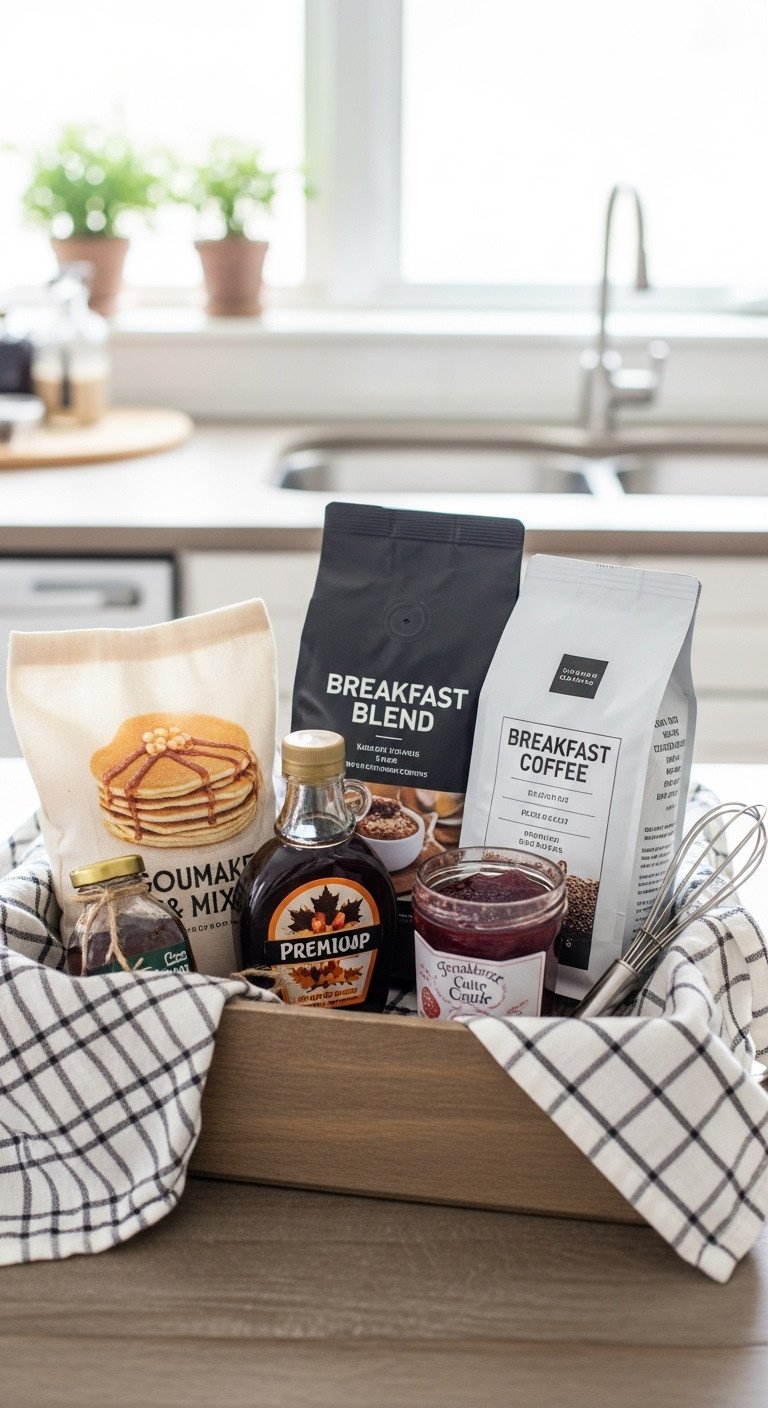 Breakfast in a basket gift with gourmet pancake mix maple syrup strawberry jam and breakfast blend coffee