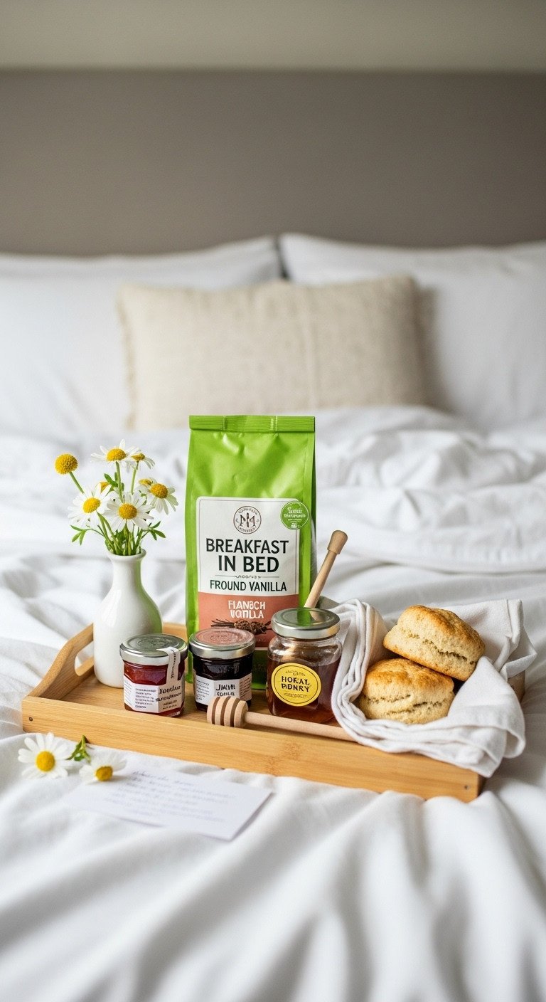 Breakfast in bed coffee Easter basket with flavored coffee jam honey and scones on a wooden tray