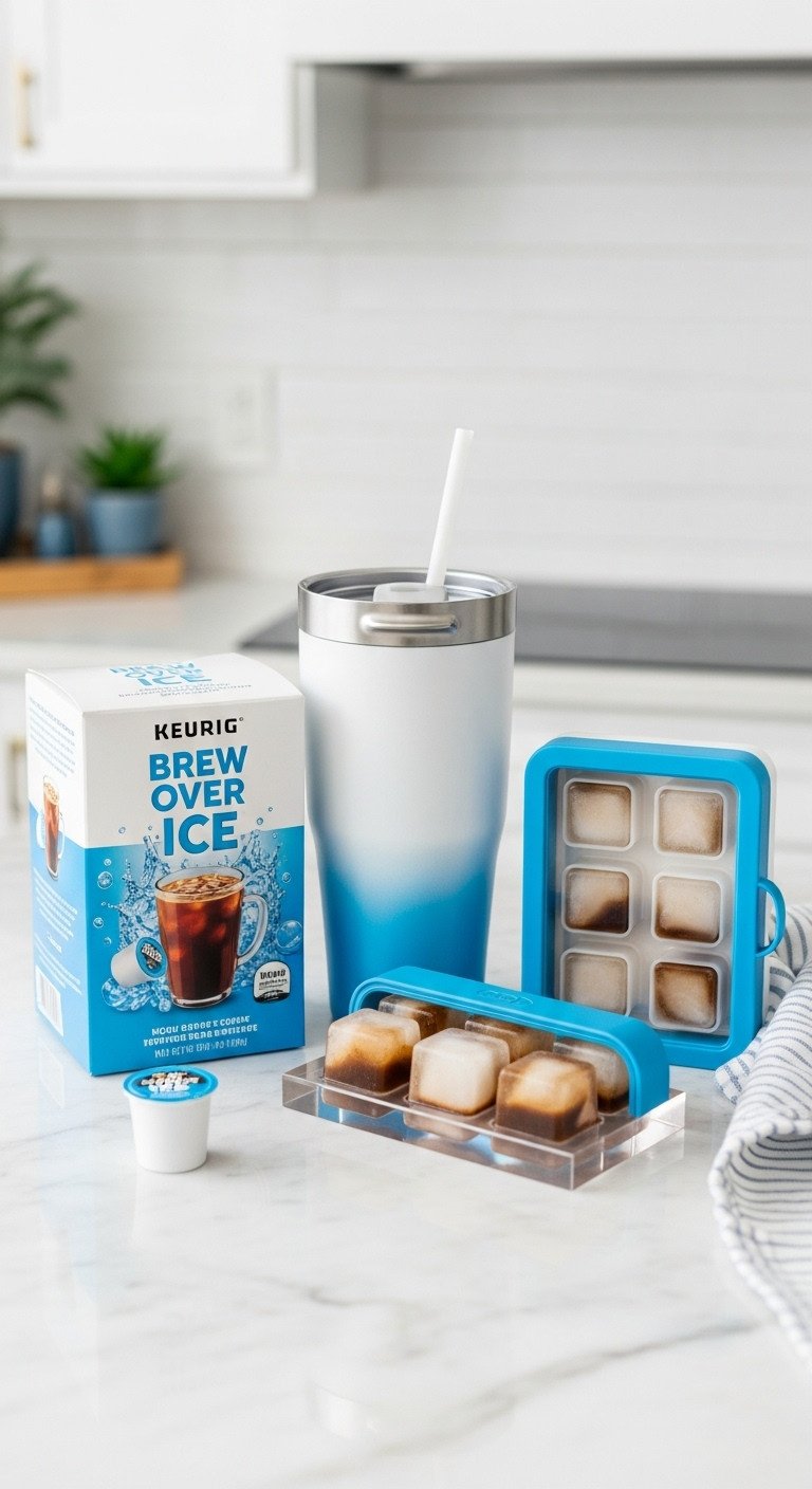 Brew Over Ice K-cup box insulated tumbler reusable ice cube molds for coffee on a bright marble countertop