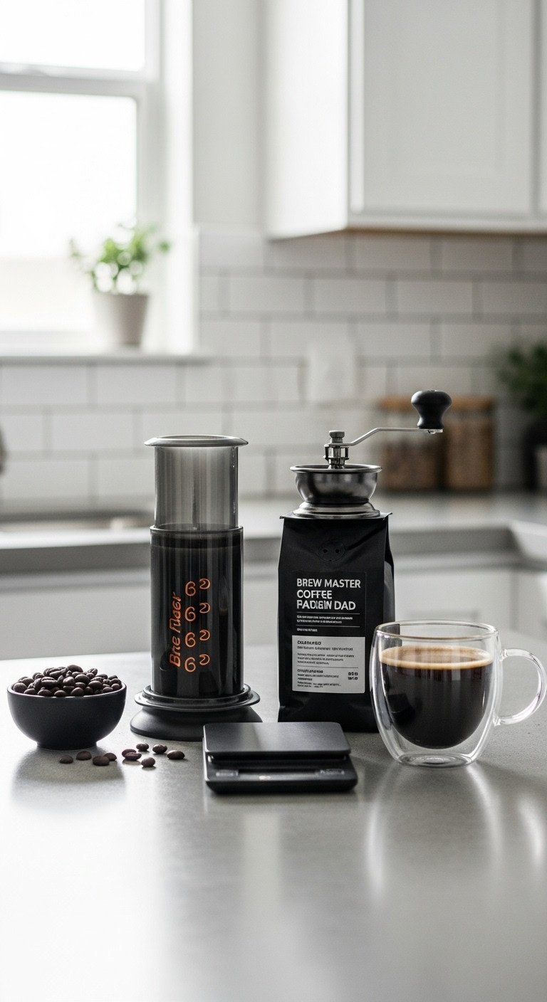 Brew master coffee gift basket for dad with AeroPress manual grinder and digital scale on a concrete countertop