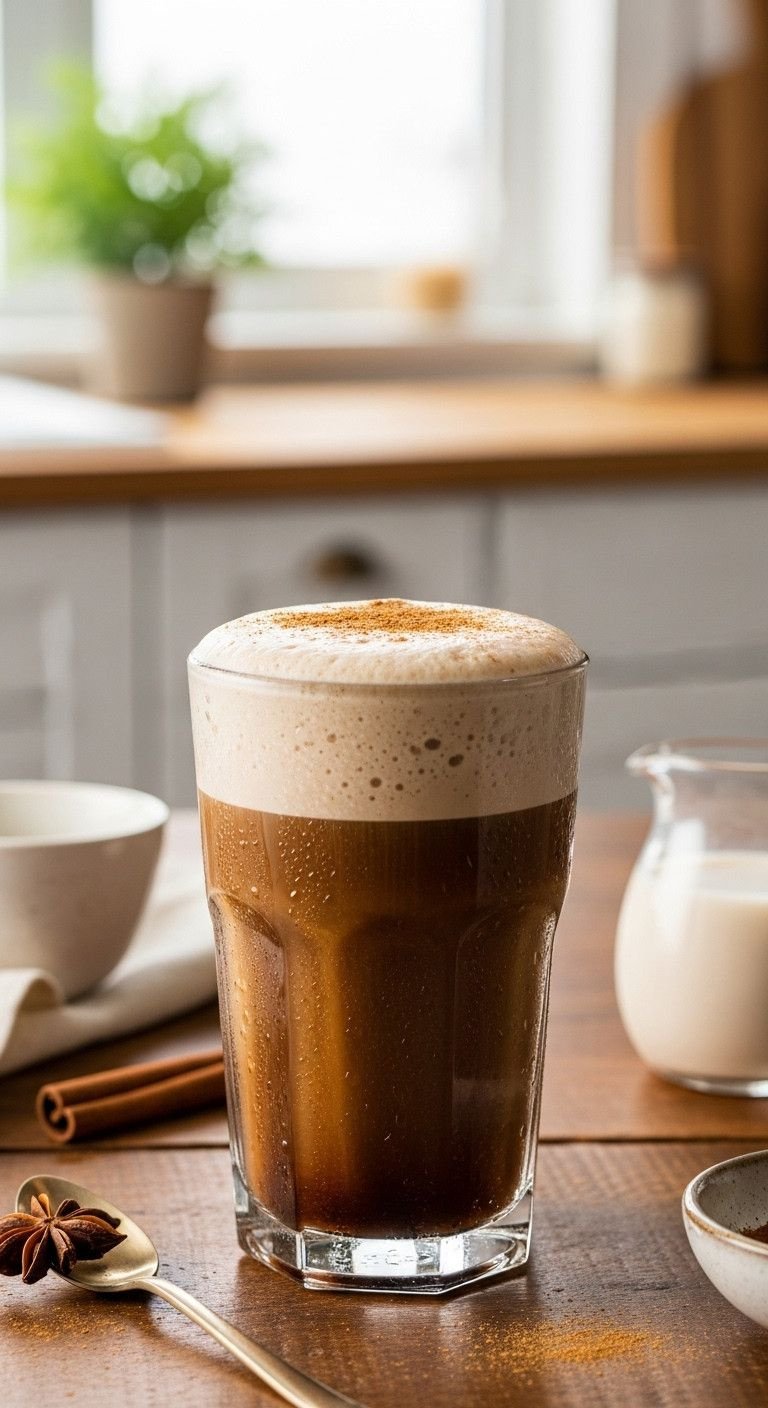 7 Iced Espresso Recipes That Taste Better Than A Cafe 1 Brown Sugar Oat Milk Shaken Espresso, layered with espresso, oat milk foam, cinnamon. Rustic table, cozy iced coffee.