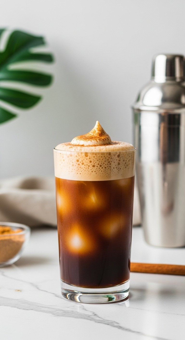 Easy Starbucks Cold Coffee Recipes That Are Never Watery 5 Brown sugar oatmilk shaken espresso with ice and foam, showing a beautiful gradient on a quartz counter with shaker and cinnamon. Recipe.