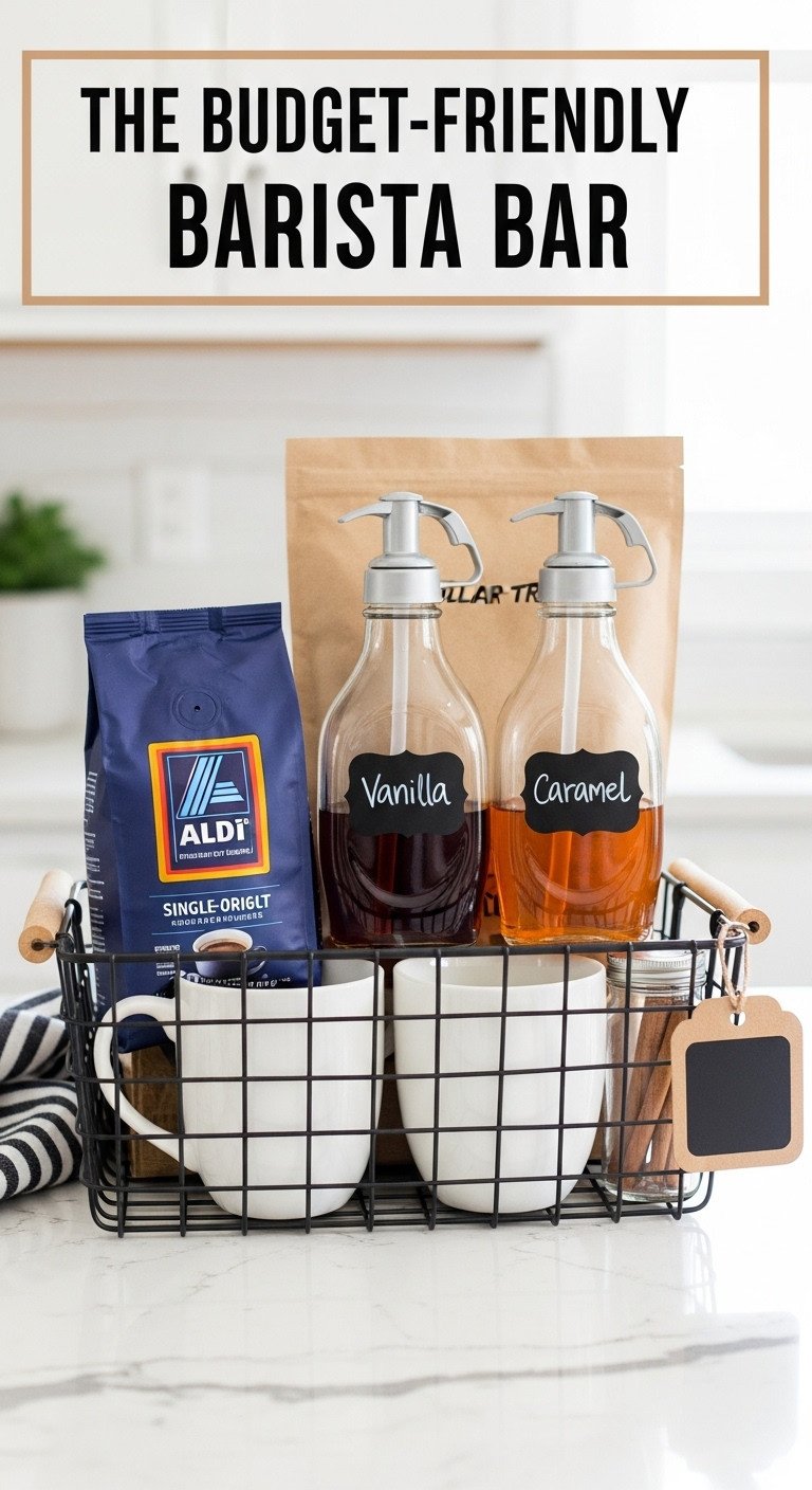 Budget friendly barista bar coffee station gift basket with wire basket mugs Aldi coffee Dollar Tree syrups cinnamon sticks