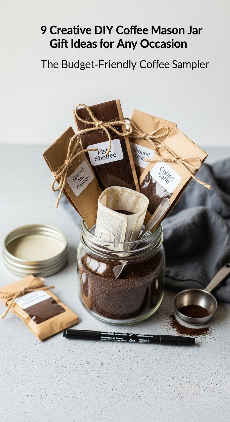 Budget-friendly coffee sampler DIY mason jar gift with coffee samples and reusable filter on a concrete surface