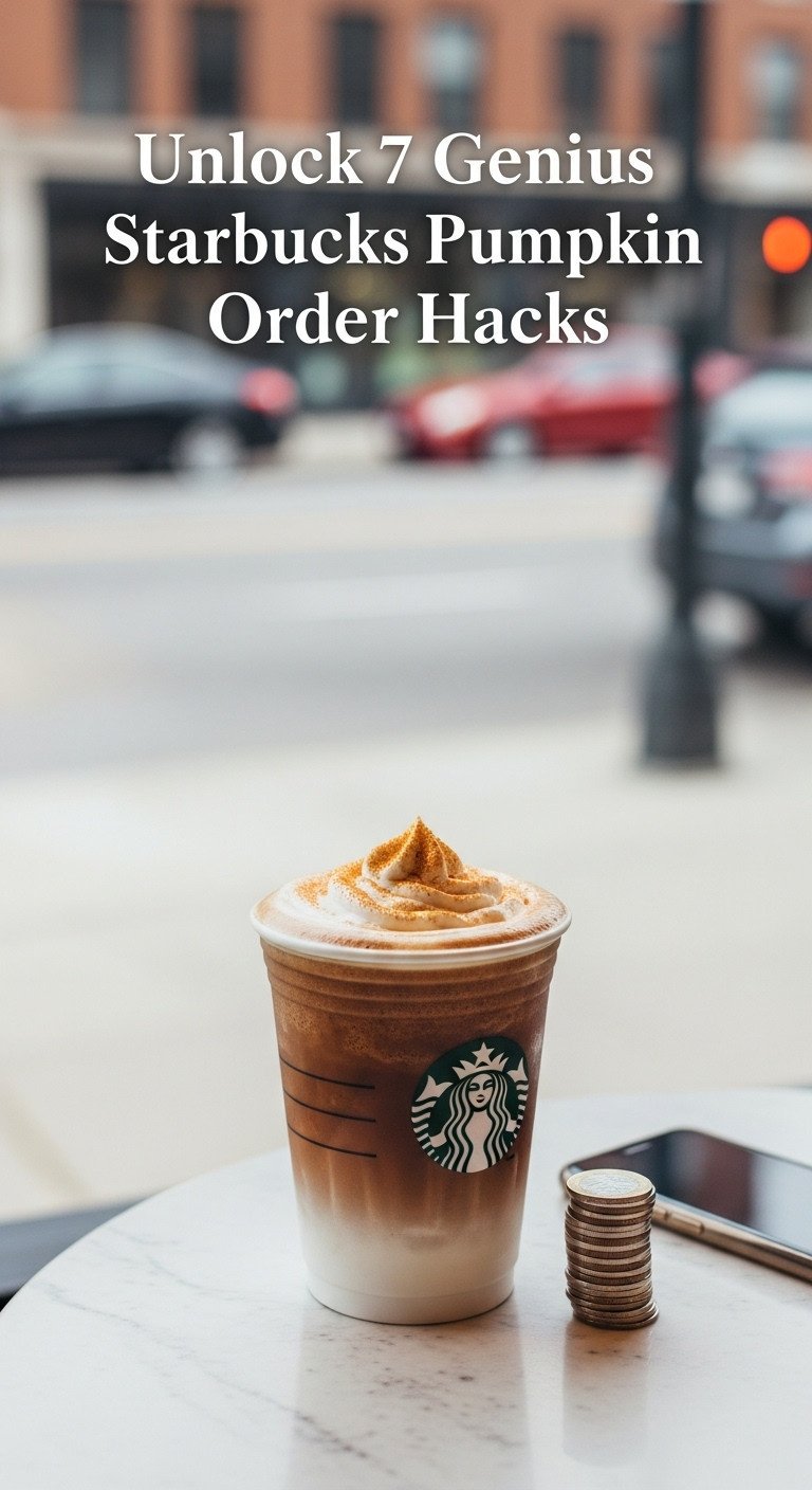 Budget pumpkin coffee in reusable cup with pumpkin cold foam. Cafe table, stack of coins, smartphone, blurred urban streetscape.