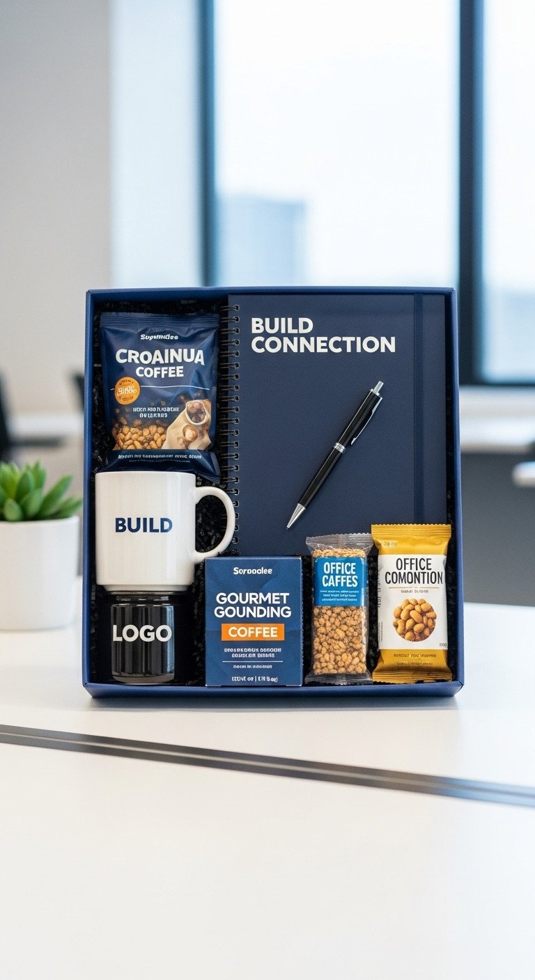 Build Connection team building gift set with logo mug gourmet coffee notebook pen and office snacks in minimalist gift box
