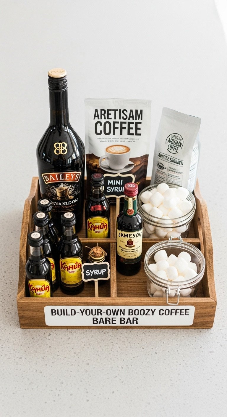 Build Your Own Boozy Coffee Bar Basket with Baileys mini liqueurs flavored syrups marshmallows in a wooden tray on a gray countertop